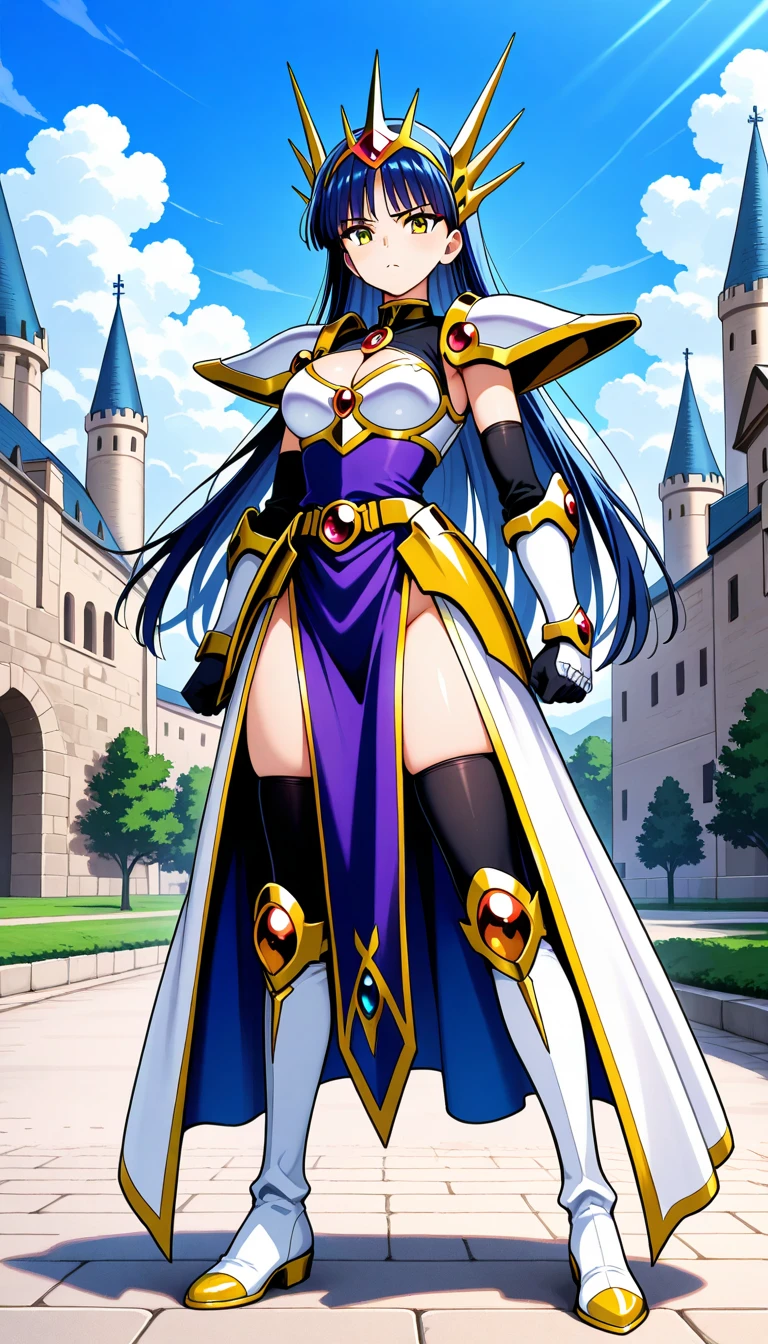 Masterpiece, Best Qulity, 1peafowl girl, perfect face, perfect body, perfect breasts, medium hair, purple hair, blue eyes, blue leotard, groin, pauldrons, shoulder pads, {full white gloves}, {armored gauntlet}, {armored boots}, tiara, peacock capelet, castle, outdoor, day, standing, {full body}, smile
