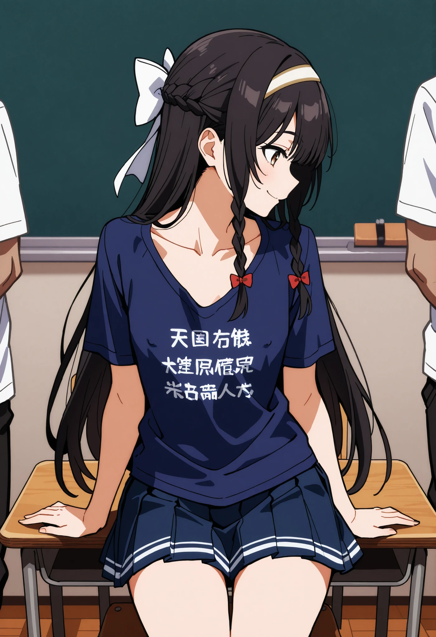 1 cute girl,Two ugly kinky faced boys,masterpiece,top quality,Ultra detailed 8k,In the classroom,Pleated Mini Skirt,seductive thighs,(T-shirt seen from the front ),( wide neckline),(beautiful girl leaning forward:0.7),小さなクリップボードにペンで紙に書き込みながらTwo ugly kinky faced boysと会話している女の子,( loose chest:1.1),(braless,Erected Nipples,(beautiful areolas),nipples,(down blouse),Her nipples seem to fall off,A cute girl with an ugly perverted face looks at a boy with an ugly perverted face with a smile,Looking Down,( Medium-sized chest:0.1),(Smile:0.5),(lucky sketch_spy photo ,Two ugly kinky faced boysが女の子の乳首をのぞき見,profile),Claudia Valentz, long hair, side braids, hair band, black hair bow