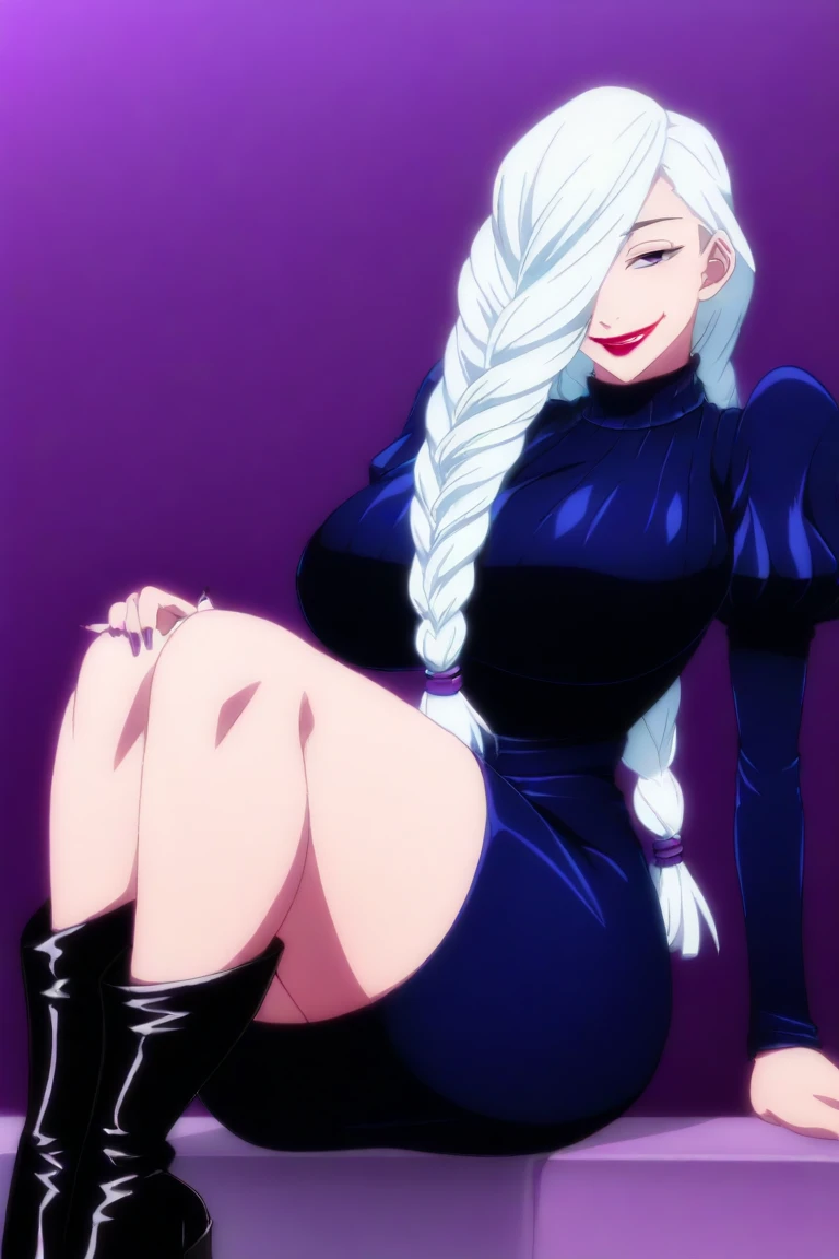 score_9_up, score_8_up, score_7_up, 1girl, solo, mature female, mei mei, looking at viewer, white hair, braid, hair over one eye, half closed eye, braided ponytail, braided bangs, purple eye, red lips, parted lips, naughty smile, long sleeves, dress, puffy sleeves, black dress, juliet sleeves, turtleneck dress,((yacht cabin)), night time, standing tall in seductive pose, (((pulled up her dress and showing her red thong))), showing red thong under her dress(((dress up))), (((from behind)))(((red thong under her dress)))(((sexy ass)))