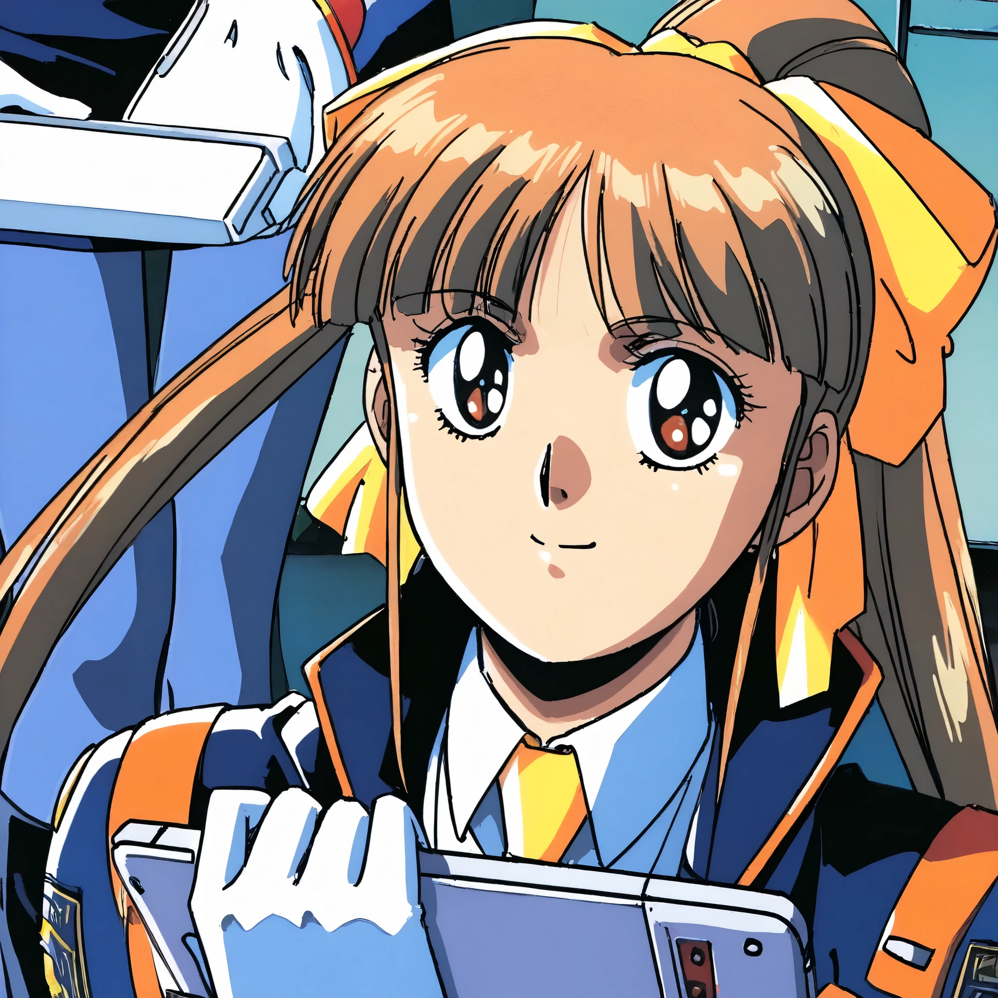 score_9, score_8_up, score_7_up,1990s \(style\),anime coloring,ultra-detailed,official art,best quality,good quality,portrait,BREAK,1girl,solo,yuki,hair_ribbon,police uniform,jacket,long sleeves,yellow necktie,white gloves,pencil skirt,blue pantyhose,boots,BREAK,kind smile,standing,holding tablet,BREAK,office,focus face,looking at viewer
