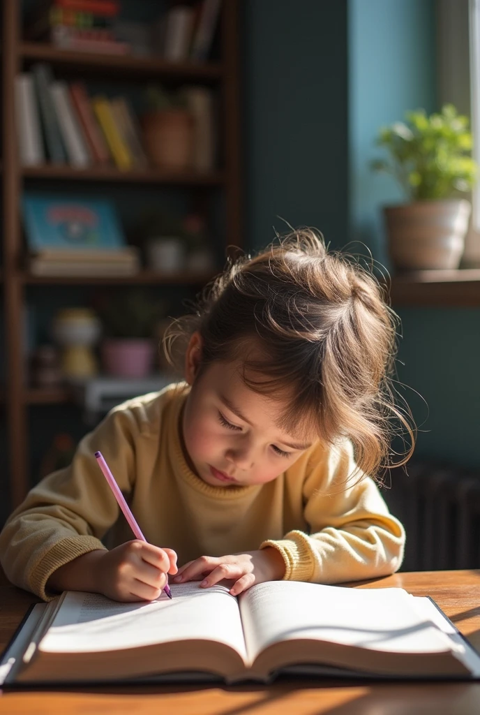 Little girl is writing in a notebook at her desk, Oil painting
