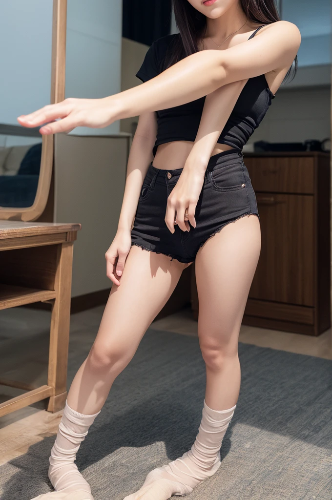 Open shirt, (((Leaning forward))), ((,Round face, Around 17 years old,mini skirt、loose tank top)), Long Hair, , Natural Makeup, Lips become thicker, Sexy Gaze, barefoot, ((Raise one leg)), Shooting from below,Gentle expression ,((Extremely precise and accurate anatomy)), (masterpiece:1.43), Perfect proportions, Realistic photos, Full Shot, whole body, (height: 165cm),