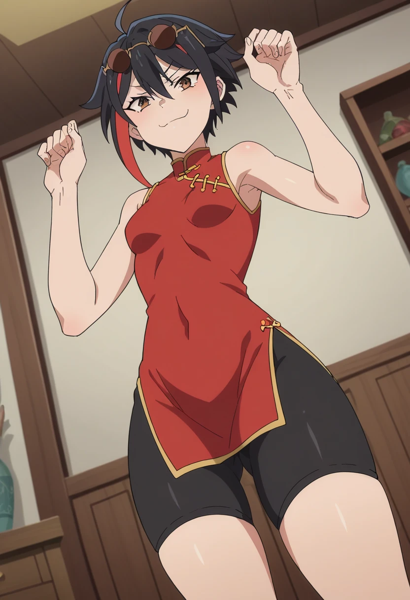 ((best quality)),((highly detailed)),masterpiece,absurdres,detailed face,beautiful face,(detailed eyes, deep eyes),1girl,((dynamic pose)), soifon, black hair, solo, bow, small breasts, cowboy shot, chinese town, outdoors, seductive smile, looking at viewer, wearing black chinese dress, put your hands behind your head, armpits, armpits visible, sweaty armpits, 