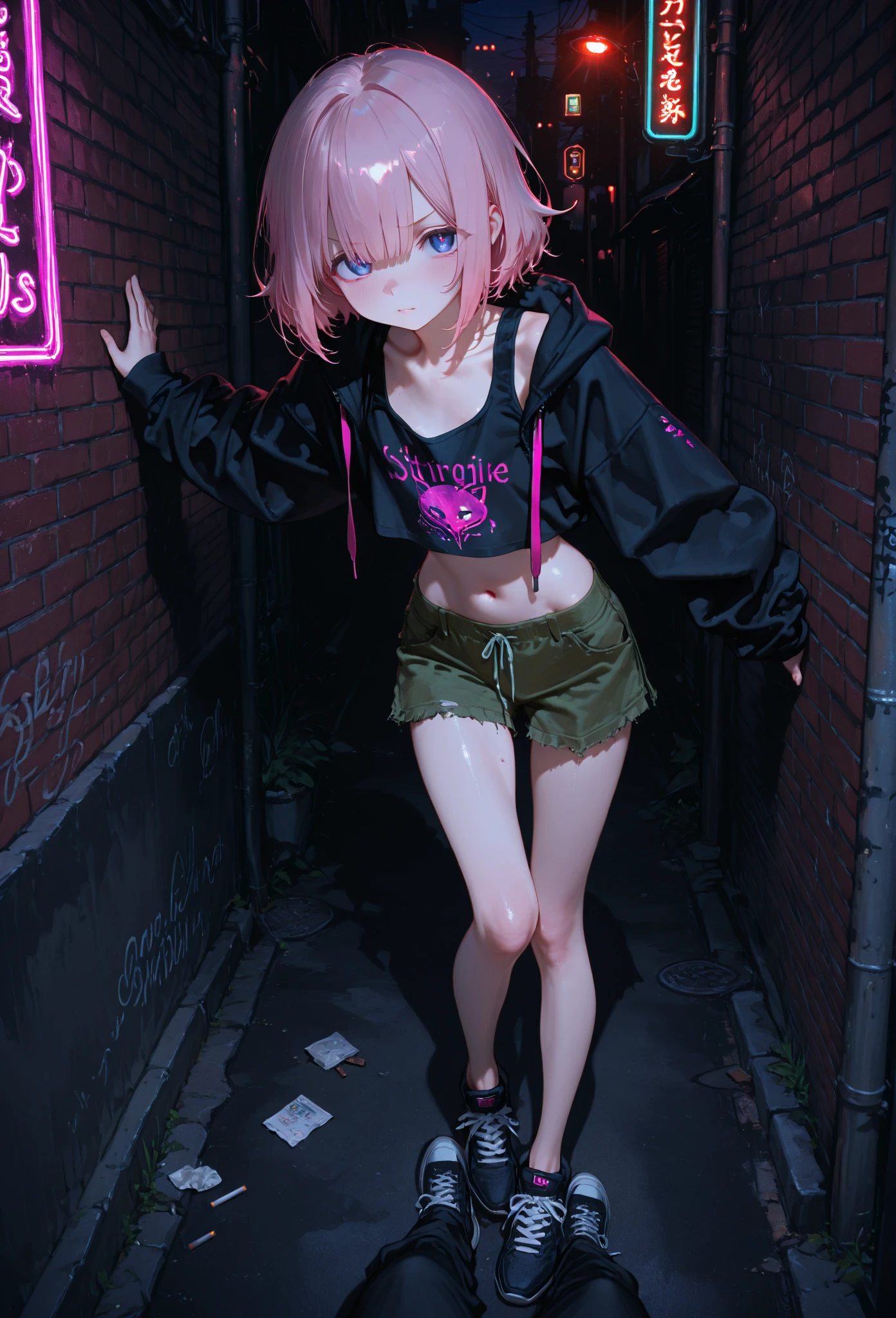 ((masterpiece)), ((Highest quality)), (anime:1.4), (Super detailed:1.2), (High resolution:1.3), (Professional photography:1.3), (Wide Shot), (Sharp focus), (Perfect light), ((12 years old)), One girl, profile, Cinema Lighting, Textured skin, (Cat ear), Light brown hair, 乱れたShortcutsヘア, Cute beautiful teenage girl, (Healthy slim body), (Pink short sleeve hoodie:1.3), Very good, (Exposed neck), Slender body, Small breasts, Mischievous Smile, blush, (Turquoise unfocused eyes), Beautiful clavicle, (A little exposed cute thighs), break, ((Highest quality)), (Super detailed), (Beautiful colorful flower field), Dancing Petals,Blonde、Shortcuts、Pink hoodie、Denim shorts、Black sneakers、Cat ear、Belly button、Show your belly