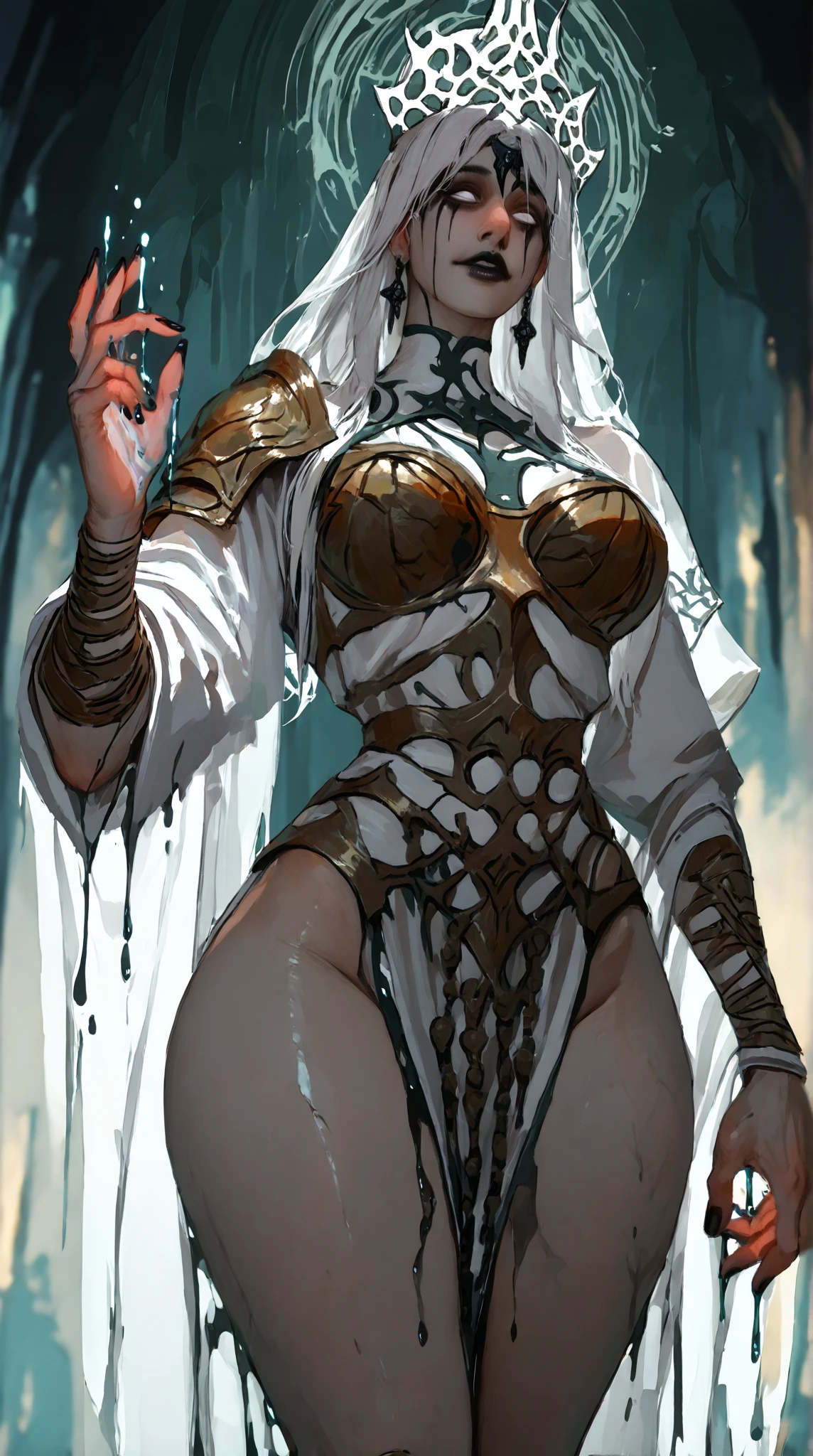 masterpiece, best quality,   thesilent, dark skin, skull, covered face, green cloak, bandages, midriff, bandaged legs, upper body, huge breasts, thick thighs, looking at viewer, chiaroscuro, stone walls, dungeon, serious, from above