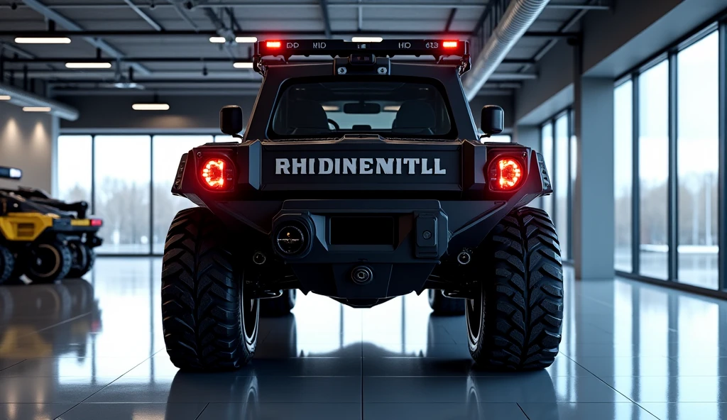 Prompt (English):
Back view of a Rheinmetall HX recovery truck (HX-Bergungsmonster), color: rad, parked in a high-end modern showroom, ultra-HD, glossy and clean appearance, sharp reflections on the body, showroom lights reflecting off its surface, luxurious polished floor, futuristic armored design, large rugged tires, powerful and imposing look, 2025 model, studio lighting, cinematic mood.
