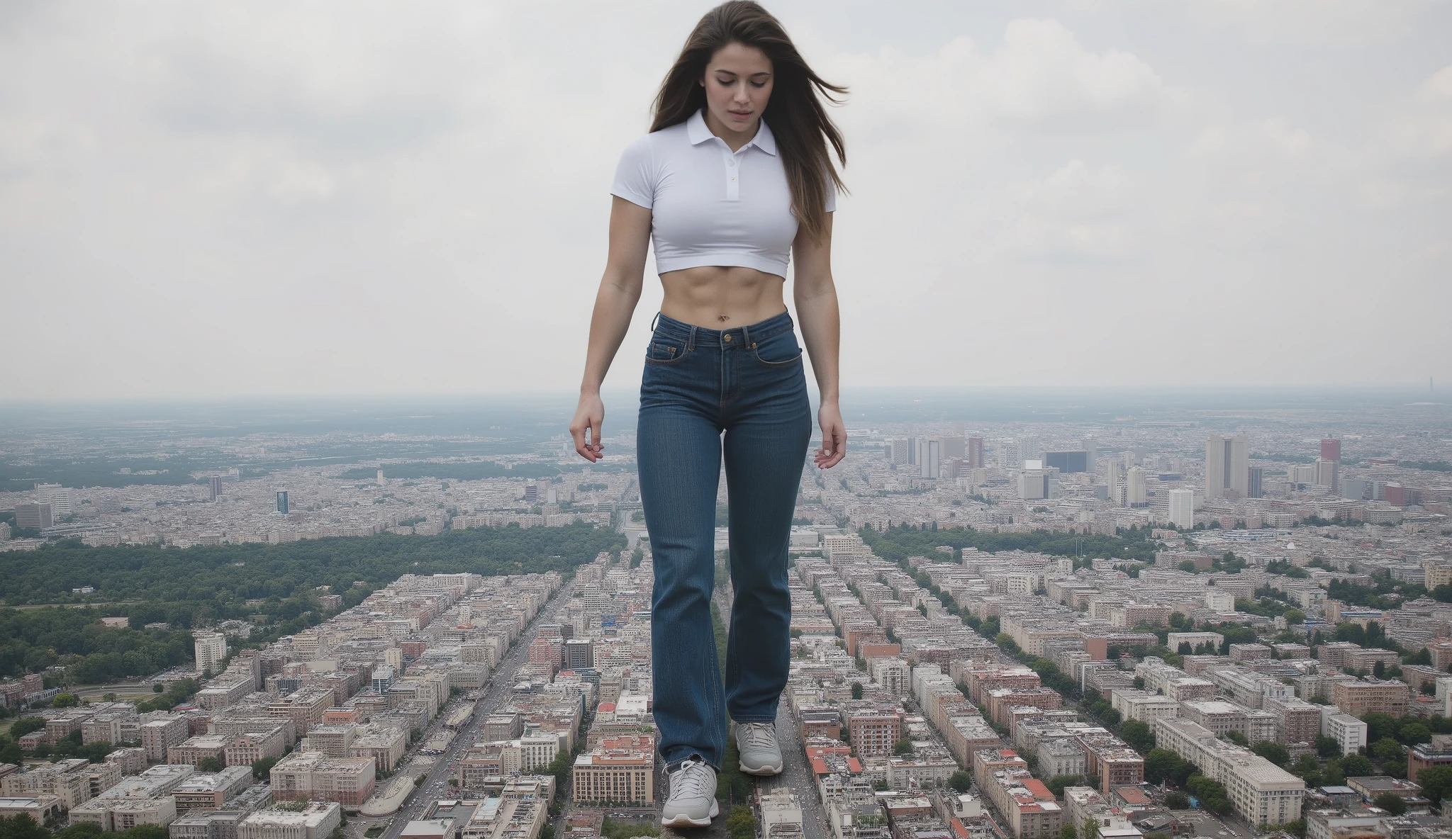 21 years old fitness girl, dressed in short sleeve crop polo top and long blue jeans and athletic shoes, masterpiece, best quality, 4K, 8K, long hair, she walks over city, giantess, GTS, crushing building under her shoes, destruction, she is 999999 meters tall, giga giantess, crushing buildings,