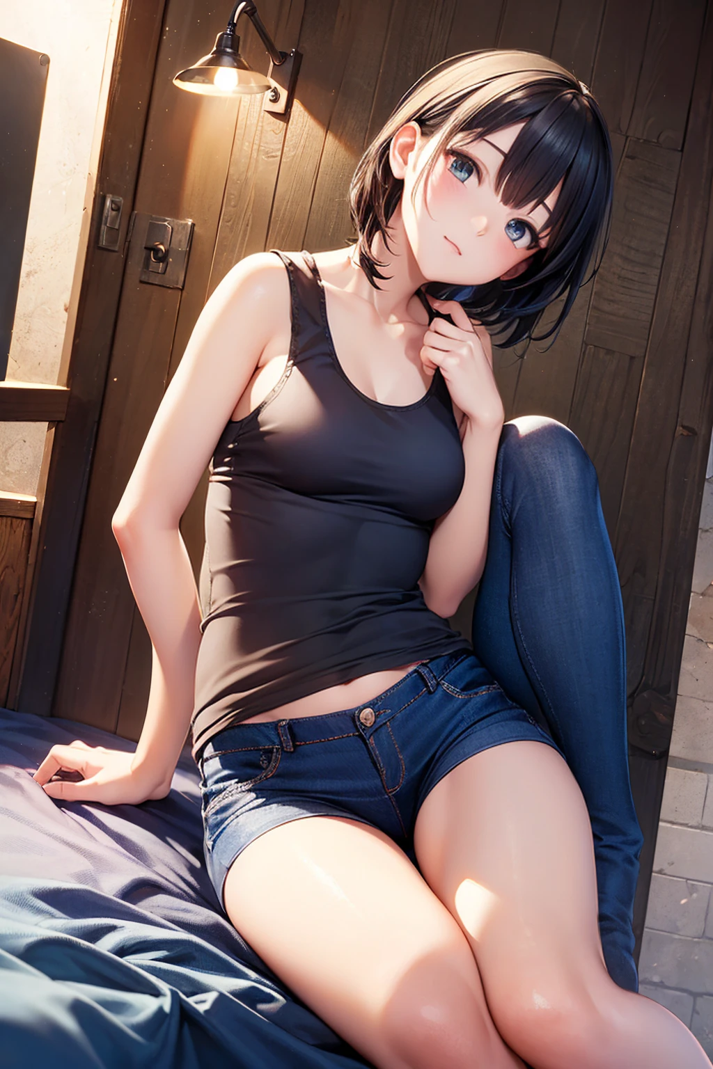 Girl in white bra and tight denim skirt posing for photo, full body, legs spread, with cut T-shirt, bra, slim body, smaller bust, slim girl model, 24-year-old female model, lying on the construction site, a group of black men onlooking