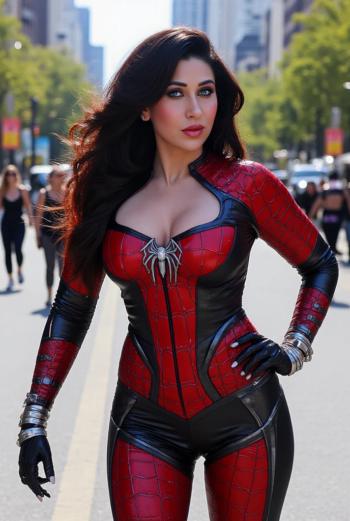 Eliza Dushku、Sticking out the navel、newyork、She wears a torn Spider-Man suit,wearing skirt、 Red and black color scheme,Dynamic、masterpiece、top-quality、ultra-detailliert、ighly detailed、beautiful detailed brilliance、超A high resolution