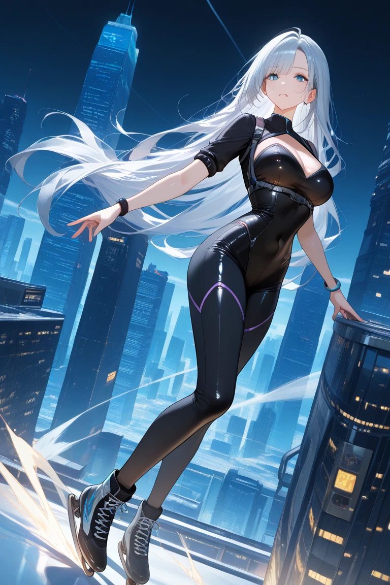 masterpiece, highest quality, (solo focus), (perfect face:1.1), (high detail:1.1),dramatic, 1girl, (pale skin), long white hair, white eyes, solo, long hair, medium breasts moon, night, white luxury suit, covered navel, pouty lips, covered, futuristic city, detailed background, art by artgerm and greg rutkowski, cinematic lighting, back view