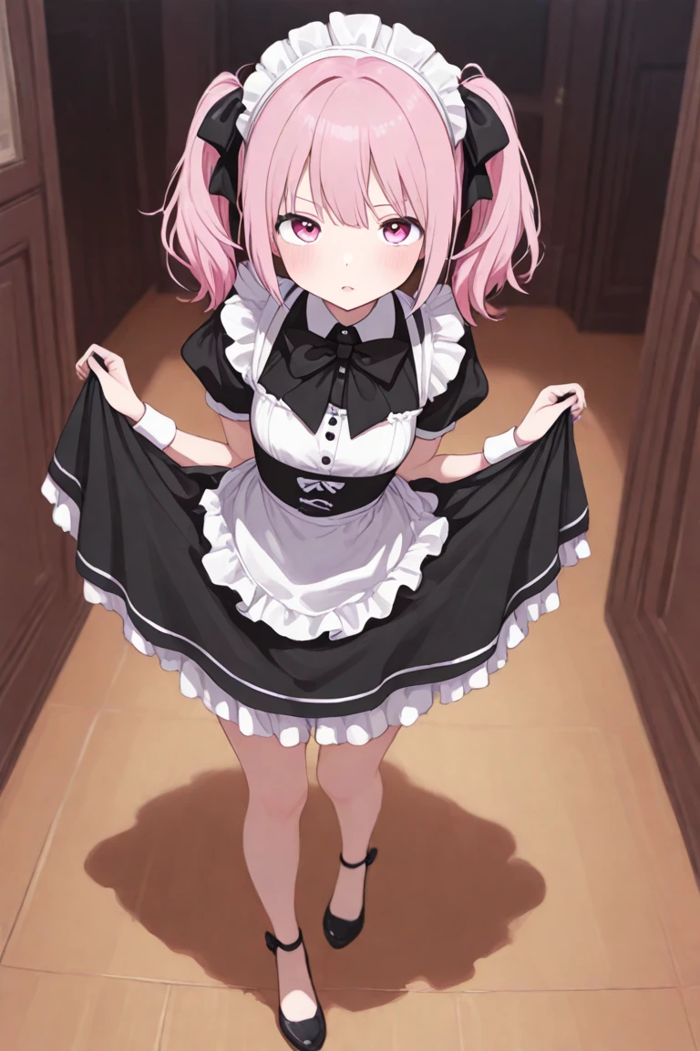 Girls with pink hair, long double-tailed hairstyle, ((small pink bushy eyebrows)), dressed in lolita clothes, marked vagina, lolicon (Zankuro) drawing style by zankuro artist, ザンクロー style, image uploaded to R34, changing of clothes in a room, looking away, not looking at the camera (hidden camera recording it, security camera filter recording it)