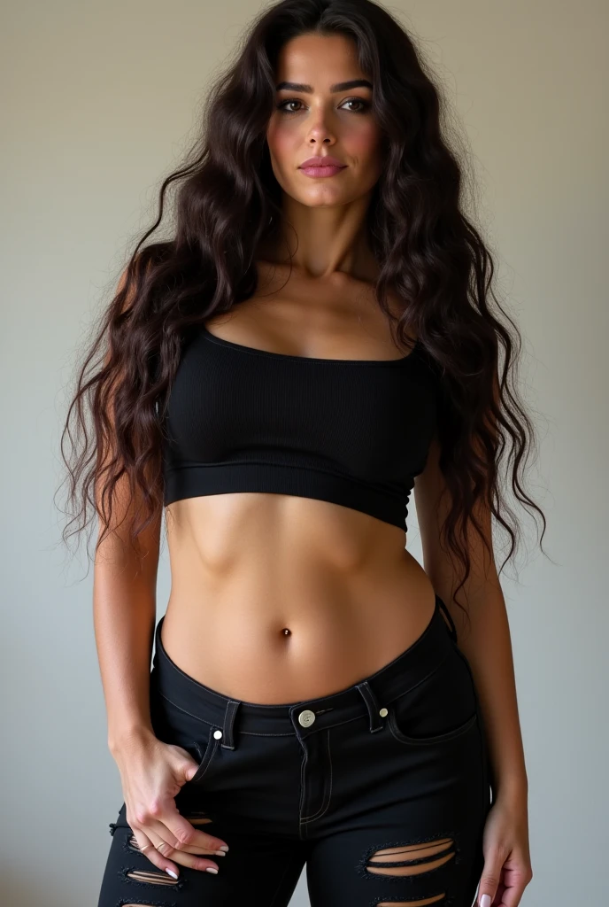 a beautiful woman with long curly hair brown eyes and a striking smile, he brunette and a sculptural body showing from the waist up front with disenchanted clothes photo from the front --auto --s2