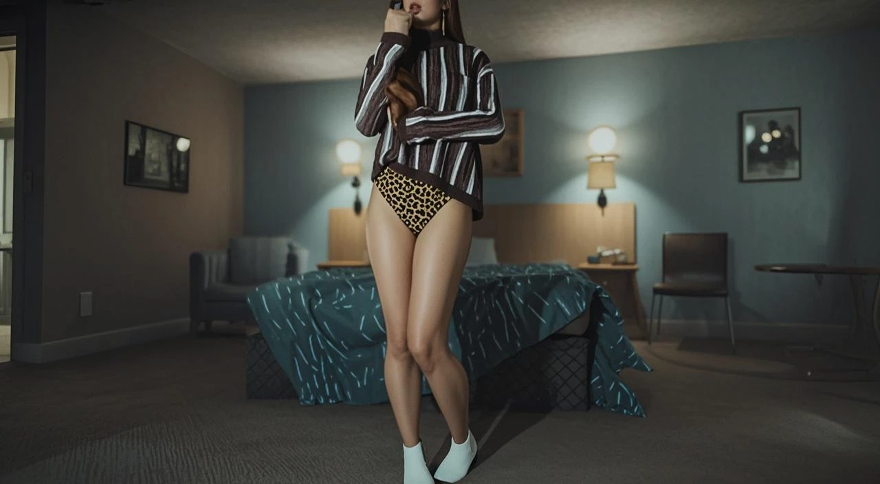 1 girl in thong panties, in the living room, ((standing and back)), beautiful, dark skinned, curly hair, plump ass, blonde hair, rolling eyes, smile, oral invitation, cinematic lighting, ray tracing, character chart, panorama, UHD, textured skin, high details, high quality, 8k
