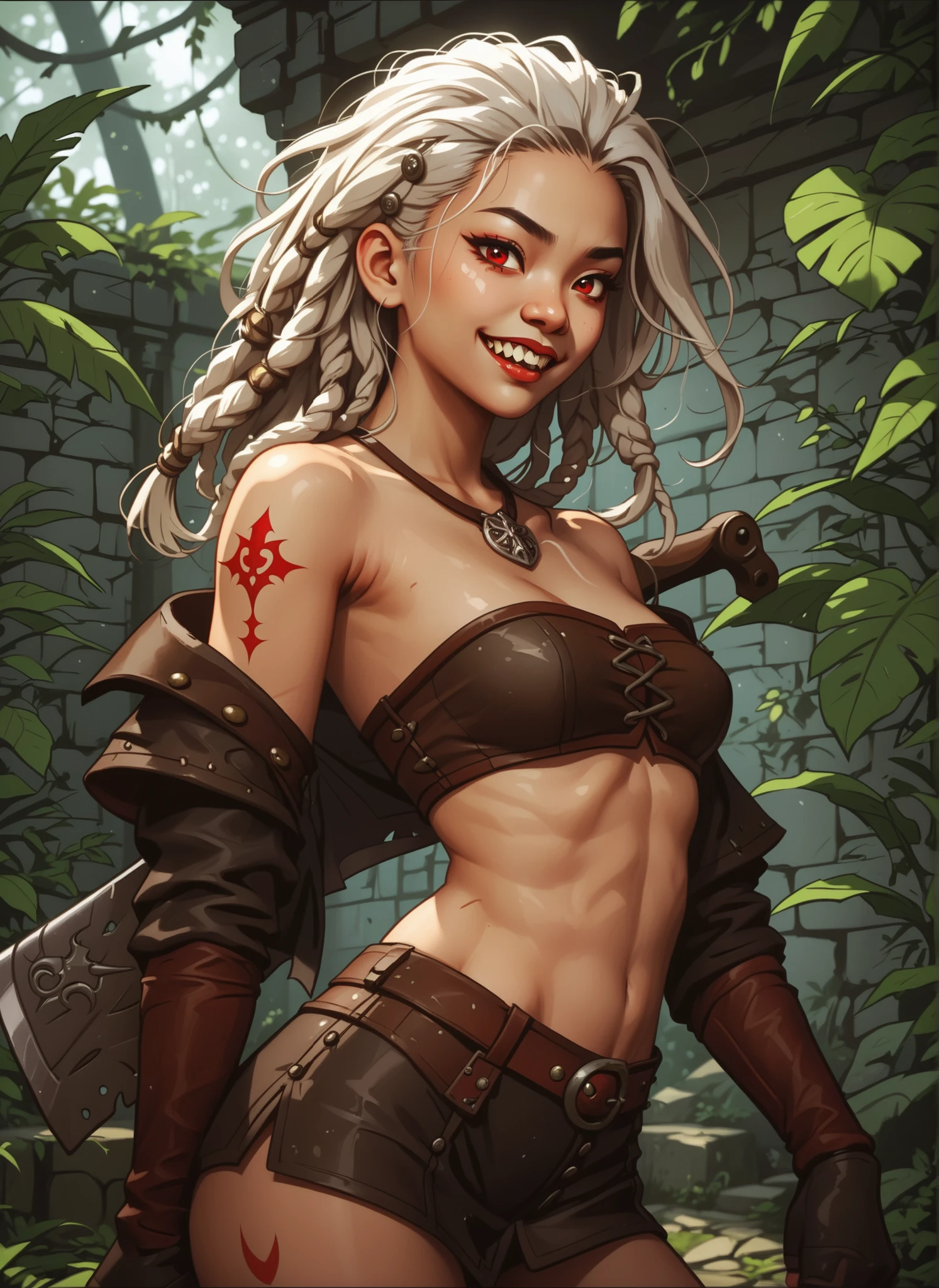 Slender body. Black latex skin. Cute 18-year-old Asian bat-demon girl with Asian red eyes and sharp teeth and dreadlocks with white highlights. She has a cute and beautiful face. She has a round and young face with a pointy chin. Her black body is athletic with abs. She wears medieval an intricate medieval leather clothing with buttons. Background: medieval jungle ruins. Realistic lighting. DnD art-style. Looking at the viewer. She's got bat-wings.