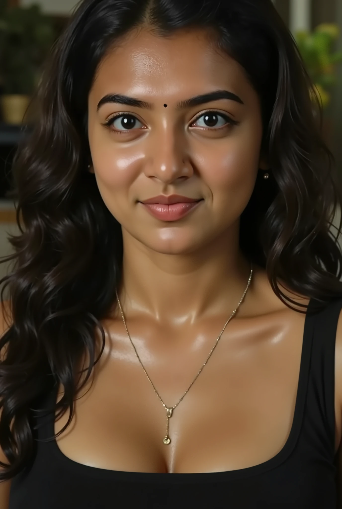 The image features a person dressed in a black sleeveless top with a square neckline that accentuates their collarbone and shoulders. The top appears to be form-fitting, made of a smooth, possibly matte fabric that contrasts with the person's skin tone. Their hair is long, dark, and styled in loose, voluminous waves that fall naturally over both shoulders, with some strands slightly tousled for a soft, effortless look.
They are wearing a delicate necklace with a thin chain, likely gold or silver, that rests just above the neckline of the top. The necklace has a small, understated pendant—possibly a tiny charm or gemstone—that adds a subtle touch of elegance. The person's skin has a natural, dewy glow, reflecting the soft lighting in the scene.
The background is intentionally blurred, creating a bokeh effect that keeps the focus on the subject. However, faint details suggest an indoor or semi-outdoor setting: there are hints of greenery, possibly plants, and warm-toned elements like wooden furniture or decor. The lighting is warm and diffused, casting gentle shadows and enhancing the overall serene and intimate atmosphere of the image. The time, as noted, is 12:08 AM IST on Tuesday, May 27, 2025, which might indicate that this was taken during a late-night or evening setting, contributing to the cozy ambiance.