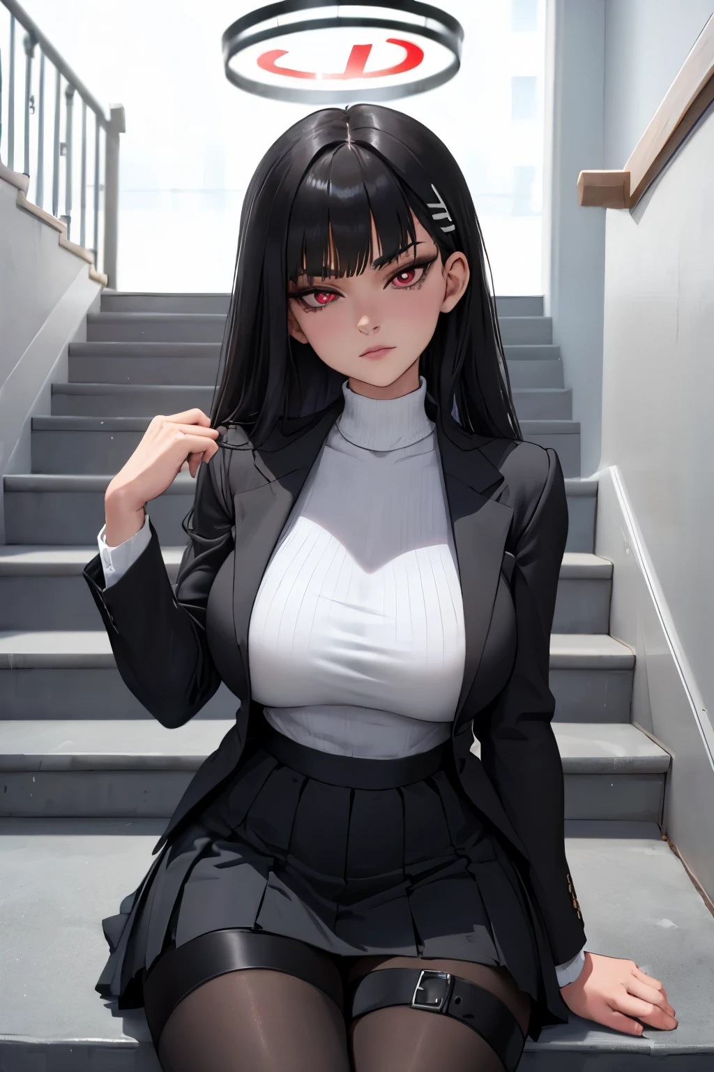 (gratte-ciel), (finely detailed eyes and detailed face:1.3), (extremely fine and beautiful:1.1), (Perfect details:1.1), ((gros seins)), ((jambes grasses)), Blue Archive, Rio Tsukatsuki, black hair, (red eyes:1.5), hair ornament, hairclip, halo, long hair, black jacket, black pantyhose, black skirt, buttoned cuffs, high heels, jacket, long sleeves, office lady, pantyhose, ribbed sweater, skirt, sweater, thigh strap, turtleneck, turtleneck sweater, white sweater,