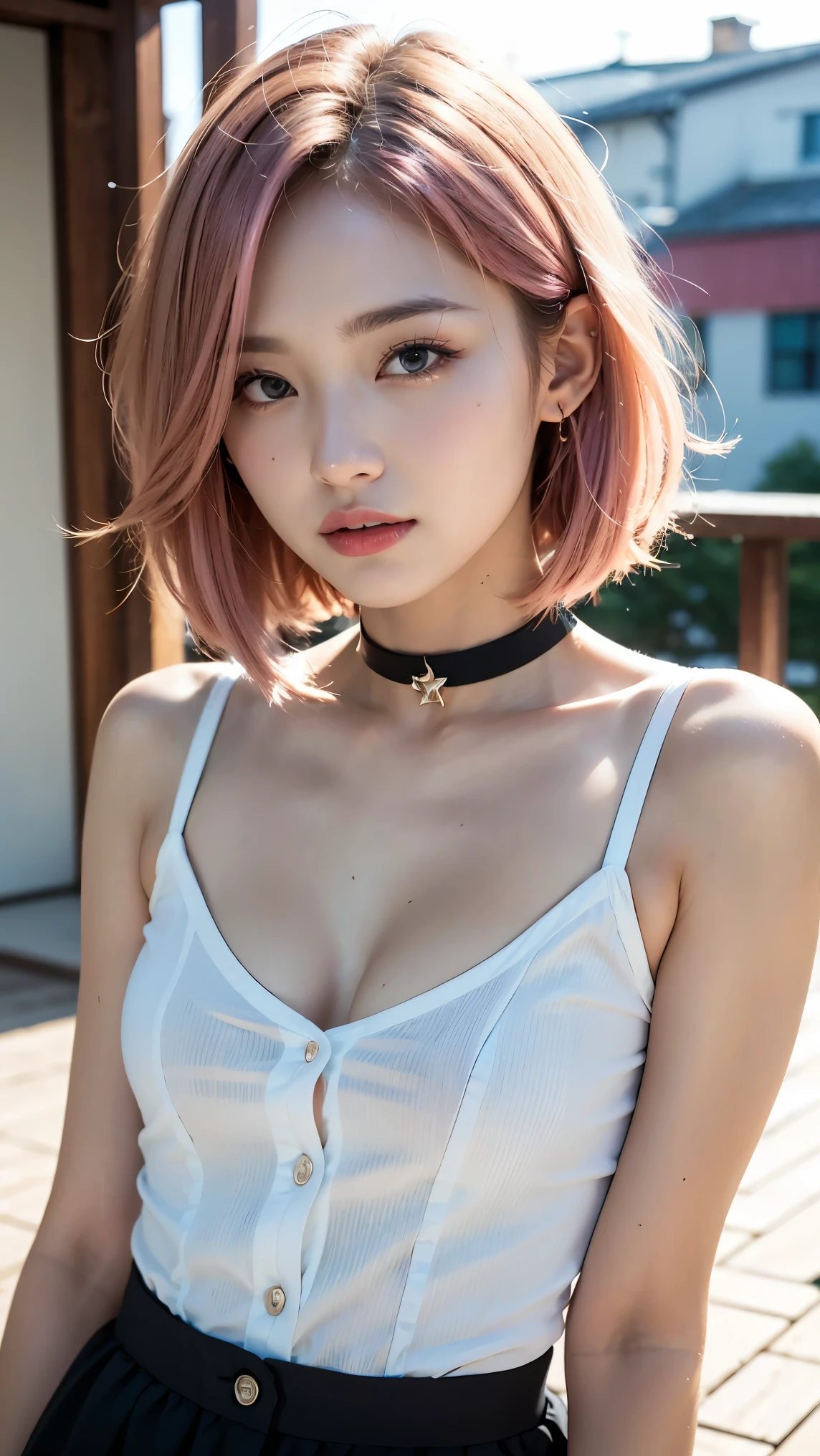 1 photo、((highest quality)), ((masterpiece)), (be familiar with: 1.4), 3D, HDR (high dynamic range), ray tracing, NVIDIA RTX, super resolution, unreal 5, scattered below the surface, PBR texture, Post-processing, anisotropic filtering, written boundary depth, maximum sharpness and sharpness, multilayer texture, Albedo and highlight mapping, surface coloring, Accurate simulation of honey-material interactions, perfect proportions, octane rendering, Large Diameter, Low ISO, White balance, Normal 3 points, 8,000 students, beautiful bright pupils, delicate face and eyes, long eyelashes, short bob hair, straight hair、brown hair、pink lips, Pure, cute, sweet girl, smile、cleavage、18-year-old、bedに仰向けに寝ている、bed