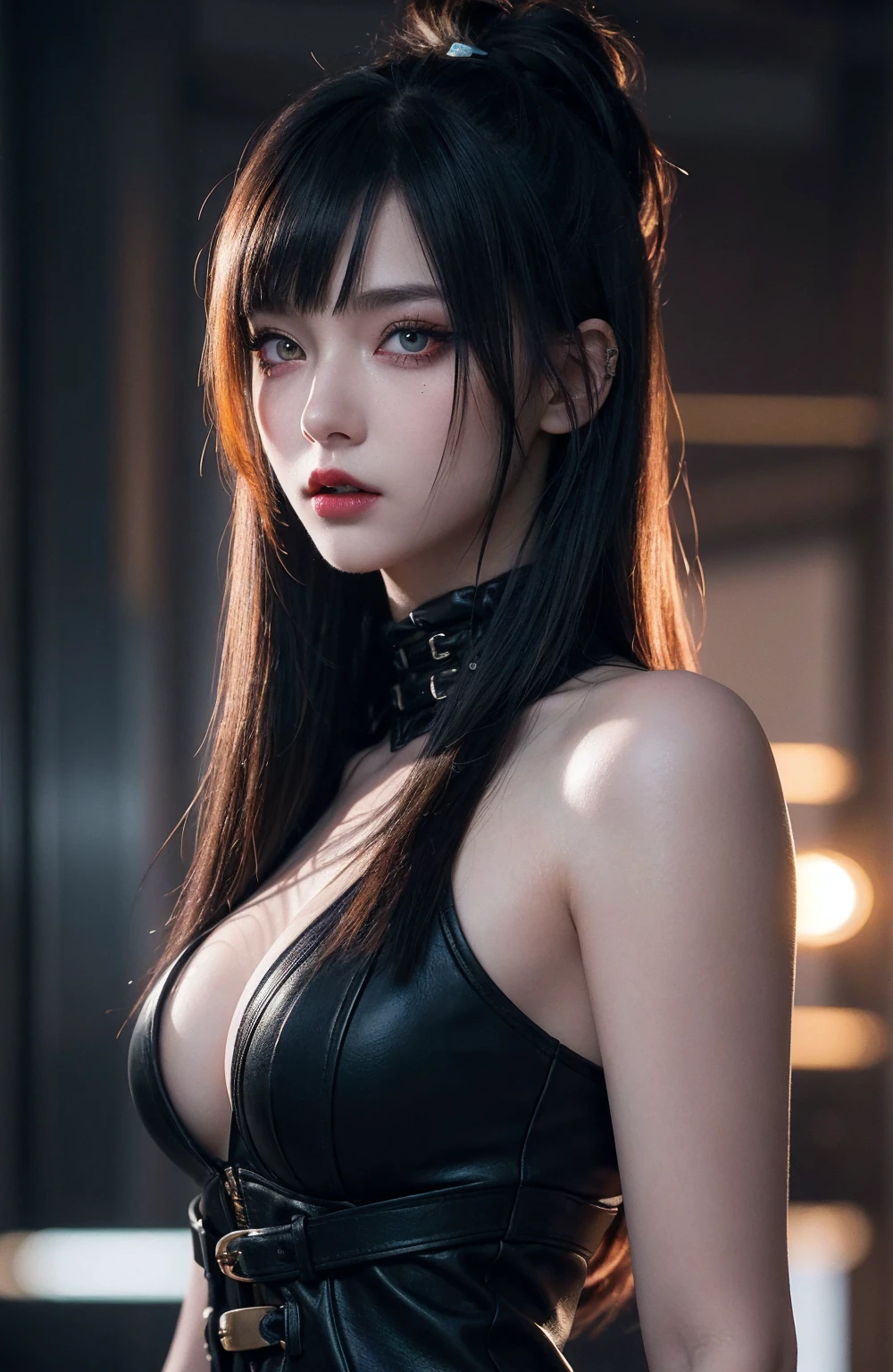 ((realistic raytraicing,best qualtiy,8K,tmasterpiece:1.3)),1girll,Beautiful woman with perfect figure:1.4,Abs:1.1,(Short straight brunette with bangs,:1.5),Chestless cutout black fur coat :1.2,Super detailed face,Detailed eyes,二重まぶた,Perfect hands, perfectfingers, Perfect breasts, Perfect hair, Perfect face, Perfect body, Perfectcomposition,Relax at home, mansion, detailed back ground, Ray traching, unreal-engine, Surrealism at the highest resolution