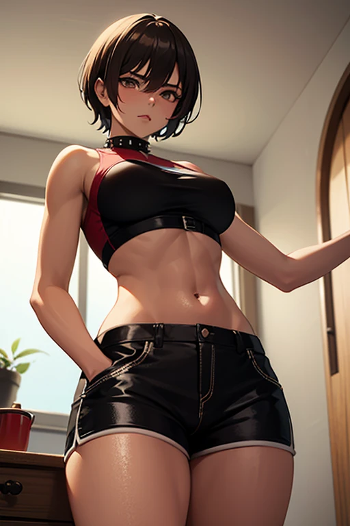 woman, 26 years old, kitten pose, cat ears, short hair, perfect hands, perfect fingers, perfect body, sensual cleavage, medium breasts, red shirt, wearing tight black shorts, sexy shorts, vinyl shorts, Ultra HD, image 4k, best image quality, (fidelity: 1.4), photoreal, light green eyes, eyelashes, beautiful pupil, shadows, slight blush, delicate facial features, reasonable facial features, exposed waist, natural poses