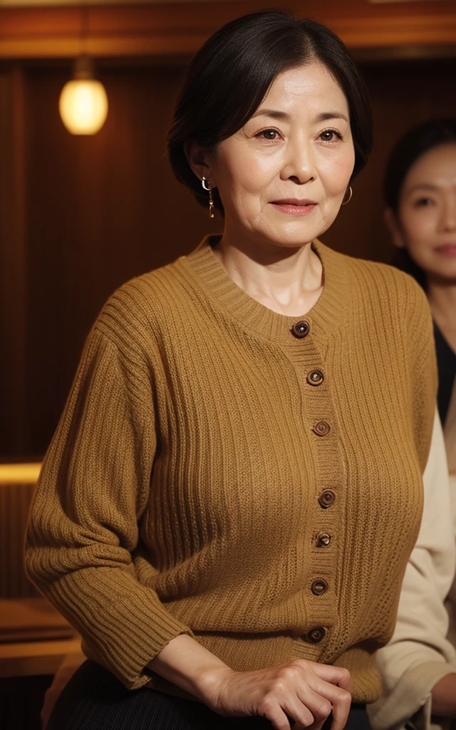 japanese mature, (Solo), 50 years old, (Wrinkles at the corners of the eyes:1.2)、Autumn clothes、(top-quality,masterpiece:1.3,超A high resolution,),(ultra-detailliert,Caustics),(Photorealsitic:1.4,RAW shooting,)Ultra-realistic capture,A highly detailed,high-definition16Kfor human skin、 Skin texture is natural、The skin looks healthy with an even tone、 Use natural light and color,One Woman,japanes、A dark-haired,Middle hair,(depth of fields、chromatic abberation、、Wide range of lighting、Natural Shading、)、(Taken in front of a white wood wall)、Random Poses、Other shots、Medium hair、(I'm not looking at the camera)