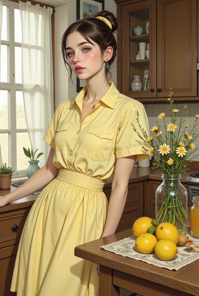 Red eyes, girl, holding a knife, yellow-green striped shirt with thicker stripes, red eyes glowing red, head tilted, short brown hair mushroom head, with a clear smile on his face, Chara, two-dimensional, standing among golden flowers with a ray of light above his head