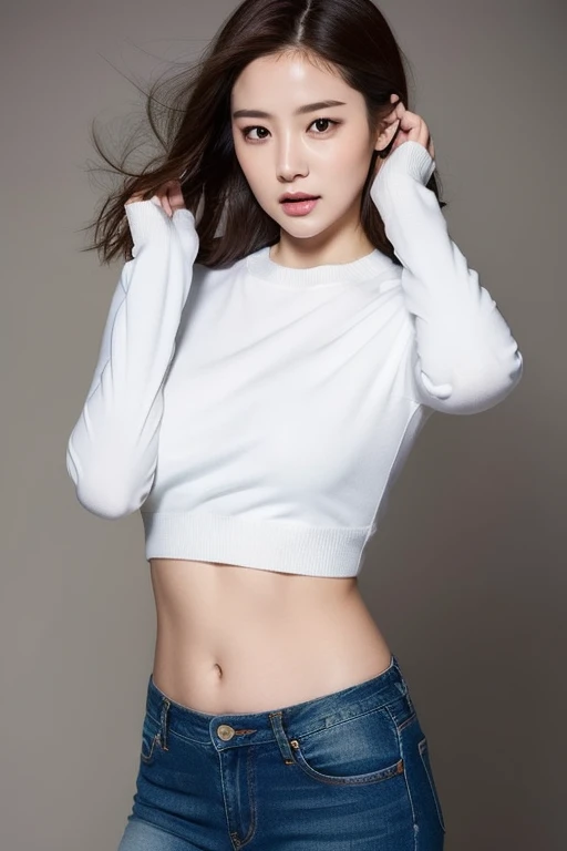 (Original photo: 1.2), (Realistic: 1.4), (Masterpiece: 1.3), (Best quality: 1.4), Dreamy, (detailed eyes), (detailed facial features), (detailed clothing features), Skin tightness, (Shiny skin), (Slim Girl), (Slim Girl), (Slim Girl), 1 Girl, Veronica Code, Solo, Cute, Bangs, Short brown hair, Black eyes, (Medium breasts), ((Shirt)), Dynamic pose, (Kodak Film Color) ((Camera not visible)) ((White Studio) (Studio Light) ,(crop top:1.4)