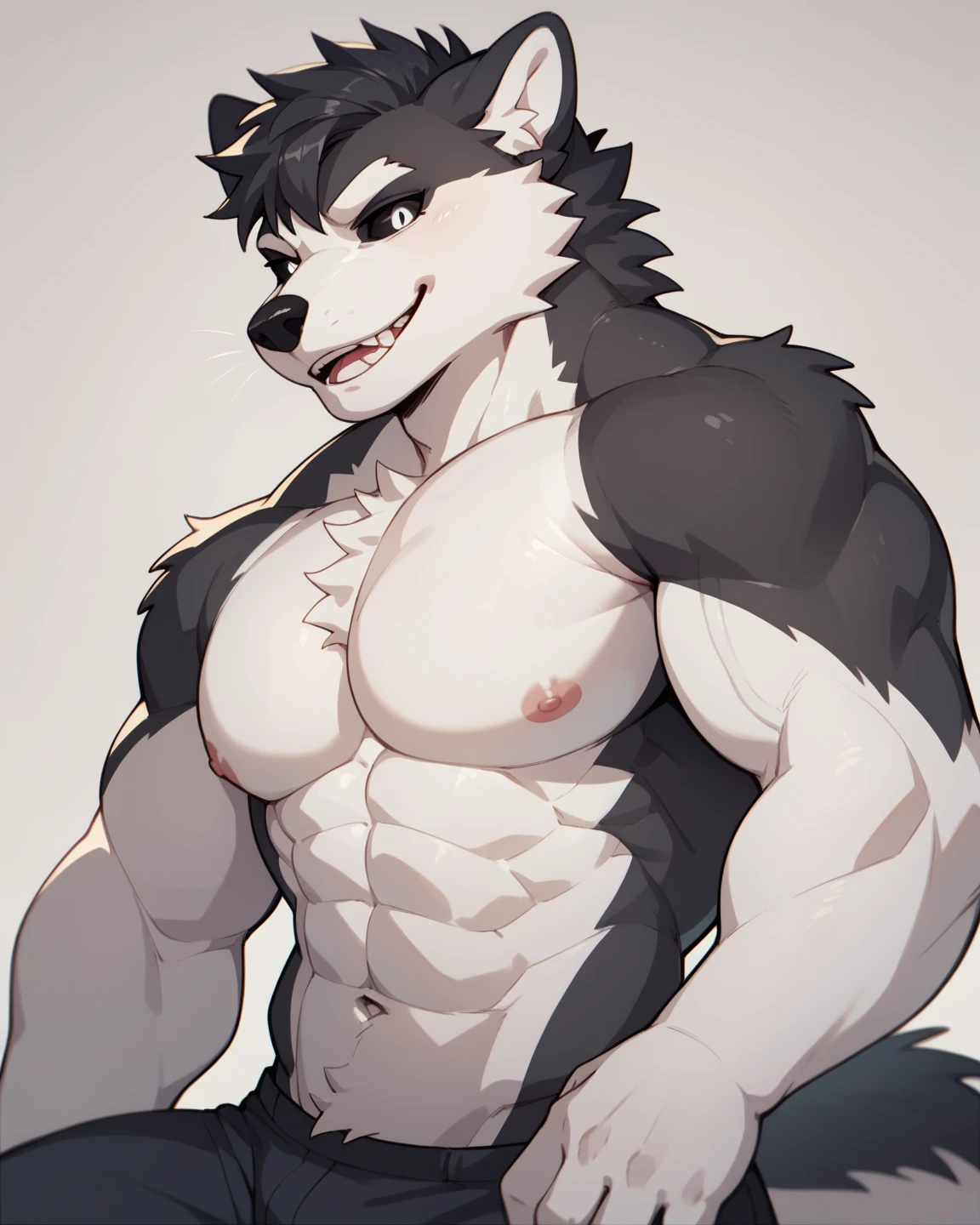 Photo of a shirtless black wolf in white with his tongue out and his eyes closed, blushing male body with six-pack abs