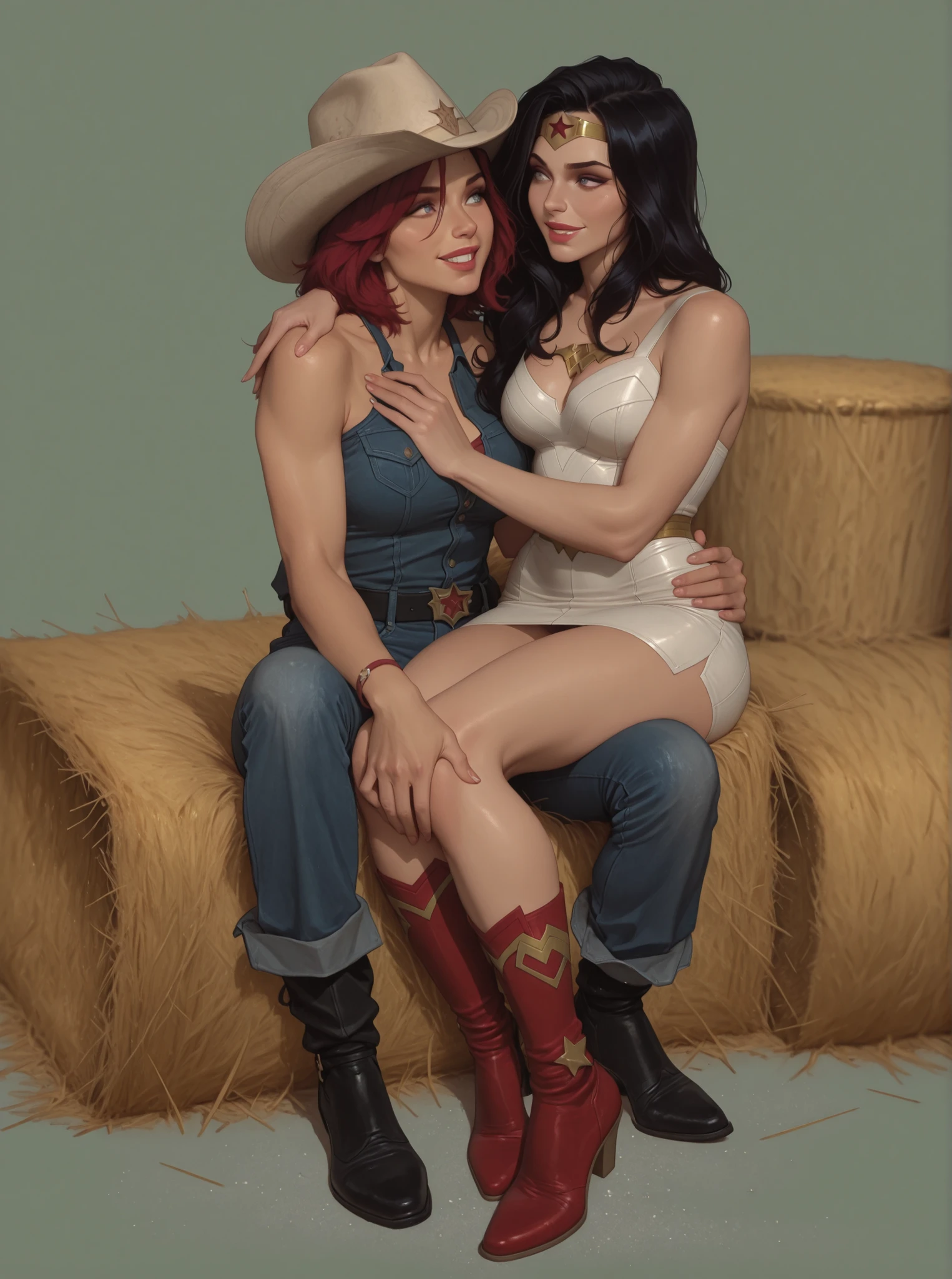 2girls, lesbian couple, semi-realistic image, hot and curvy and gorgeous wonder woman is sitting on her strong butch girlfriend ALVI's left thigh, wonder woman has long black hair and her gold red tiara and is wearing a sexy white micro dress and cowboy shoes and her right hand is resting on partner's shoulder, ALVI is sitting on a hay stack and has short red hair and wearing denim cowboy outfit and grabbing partner's waist with her left hand, lust, lookin at each other, deeply in love, happy, romantic couple, Expressiveh, break, perfect anatomy, perfect face, perfect eyes, perfect lips, best quality, highest details, masterpiece