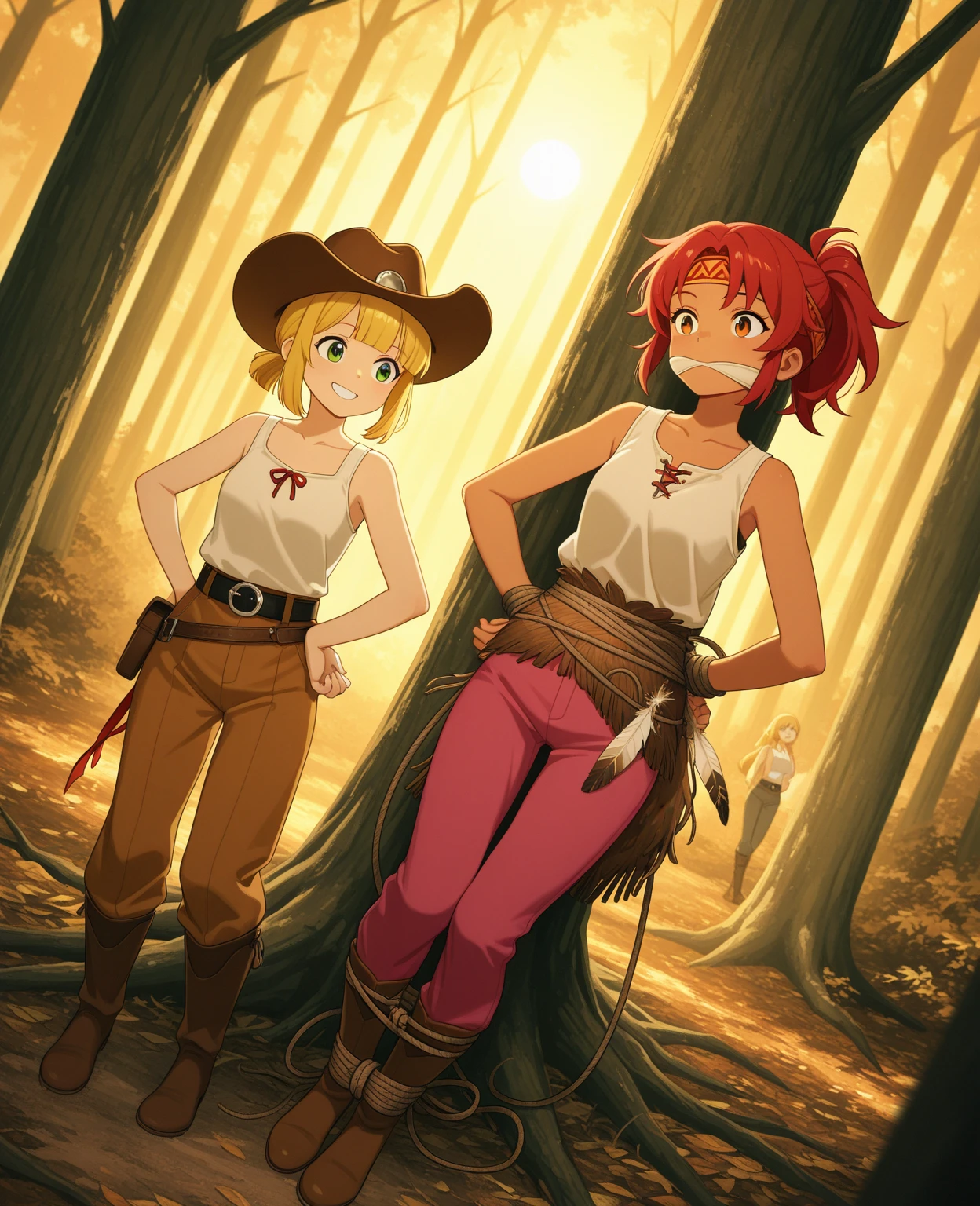 An orange haired fox man with orange eyes and orange fox ears and an orange fox tail in a pirate's outfit is exploring a tropical jungle with a big smile