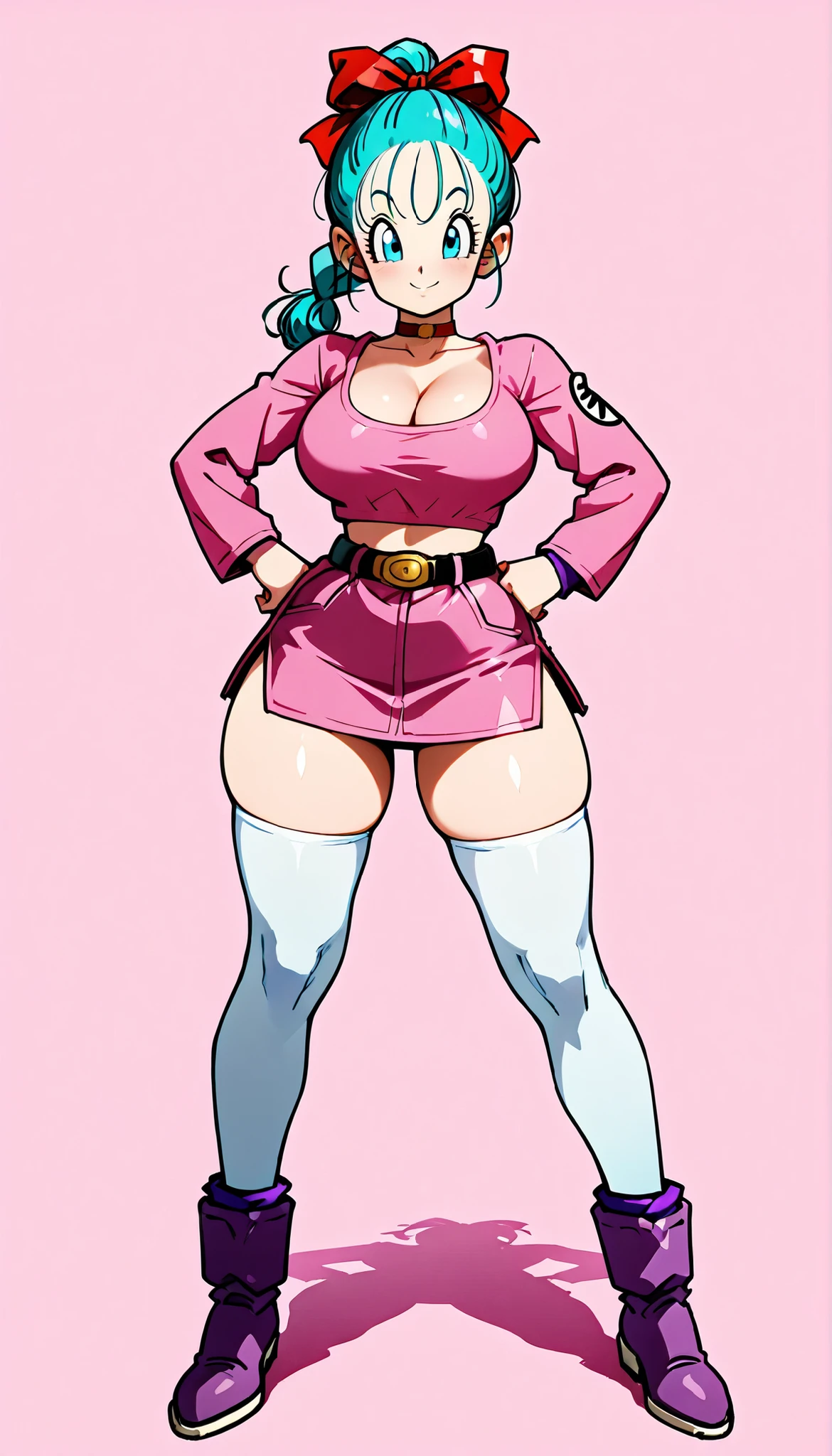 Best Quality, masterpiece full body view
,
1 girl, (20 years old), (blmpony, (bulma from dragon ball), aqua hair, hair ribbon, braided ponytail), (young), (cute), (curvy), (big breasts), (thick thighs), slim waist
,
pink top, long sleeve top, fitted to the body, tight top, (cleavage:1.3), pink mini skirt, (midriff), white thighhighs, choker, thong straps, side slit
,
standing, legs apart, smiling, medium shot, looking at viewer, simple background, light color background