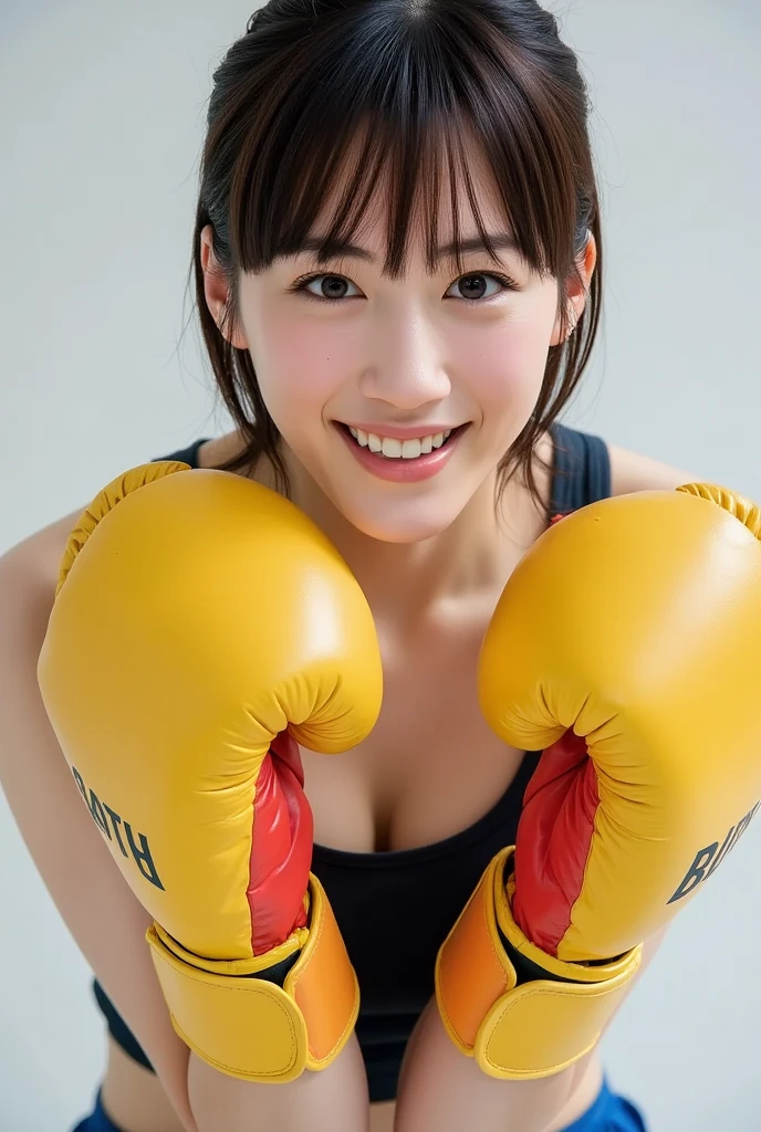 (8K、Raw photography、Highest quality、masterpiece:1.2),(Black Hair、Dark Eyes:1.9),(:1.6)、View your audience,Viewed from the front,White skin,(boxing:1.4)、(Tight waist:1.6)、(Clothes that accentuate the shape of the breasts:1.0)、(Big Breasts :1.3)、Slim figure、Ultra-high resolution,beautiful,beautiful fece,(One person、No background:1.9),whole bodyボディー,Japanese women,(reality的:1.37)、Photon Mapping,reality、(-faced and cute: 1.4)、(Cute Smile: 1.8)、(Round face: 1.8)、Radio City、Physically Based Rendering、Depth of field rally background、photograph, (I can see your knees、Thigh close-up:1.8),(:1.6),whole body、Great quality