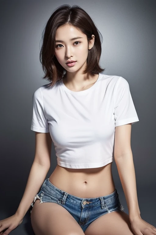 (color picture), Realistic photos of beautiful Asia.、Slender stomach, (A-cup haircut highlights:1.2), small breast, round chest, perfect breasts,(( )),((She was pulling a loose t-shirt over her head., )), ((trousers)), As she confidently poses in front of the camera, , studio lights, gray background, full body, Spacious chest
