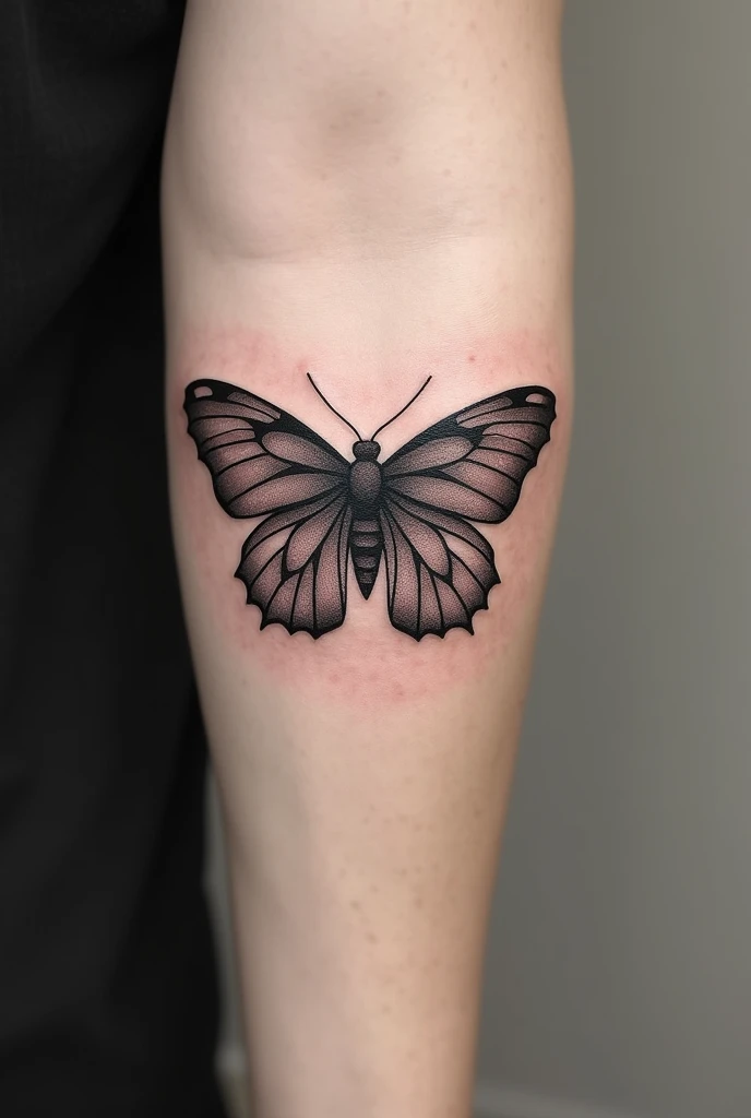 Tattoo above the knee of a moth , for a man in black 
