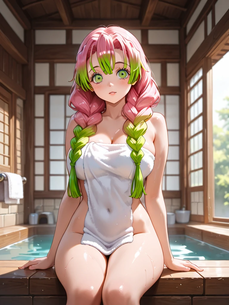best quality,masterpiece,detailed,16k,8k,sole_female, (fullbody shot), (((Eloahsina, large , upper body, bangs, 1girl, green hair, BodyTowel, gradient hair, solo, multicolored hair, , smile, green eyes, twin braids, pink hair, long hair))), ((((at bathroom, lot of steam)))), (((from_front))) ((Beautiful Eloahsina), 20_years_old, sexual_expression)), ((masterpiece, photorealistic, best quality, perfect face, perfect hands, perfect mouth, perfect eyes, perfect body)),