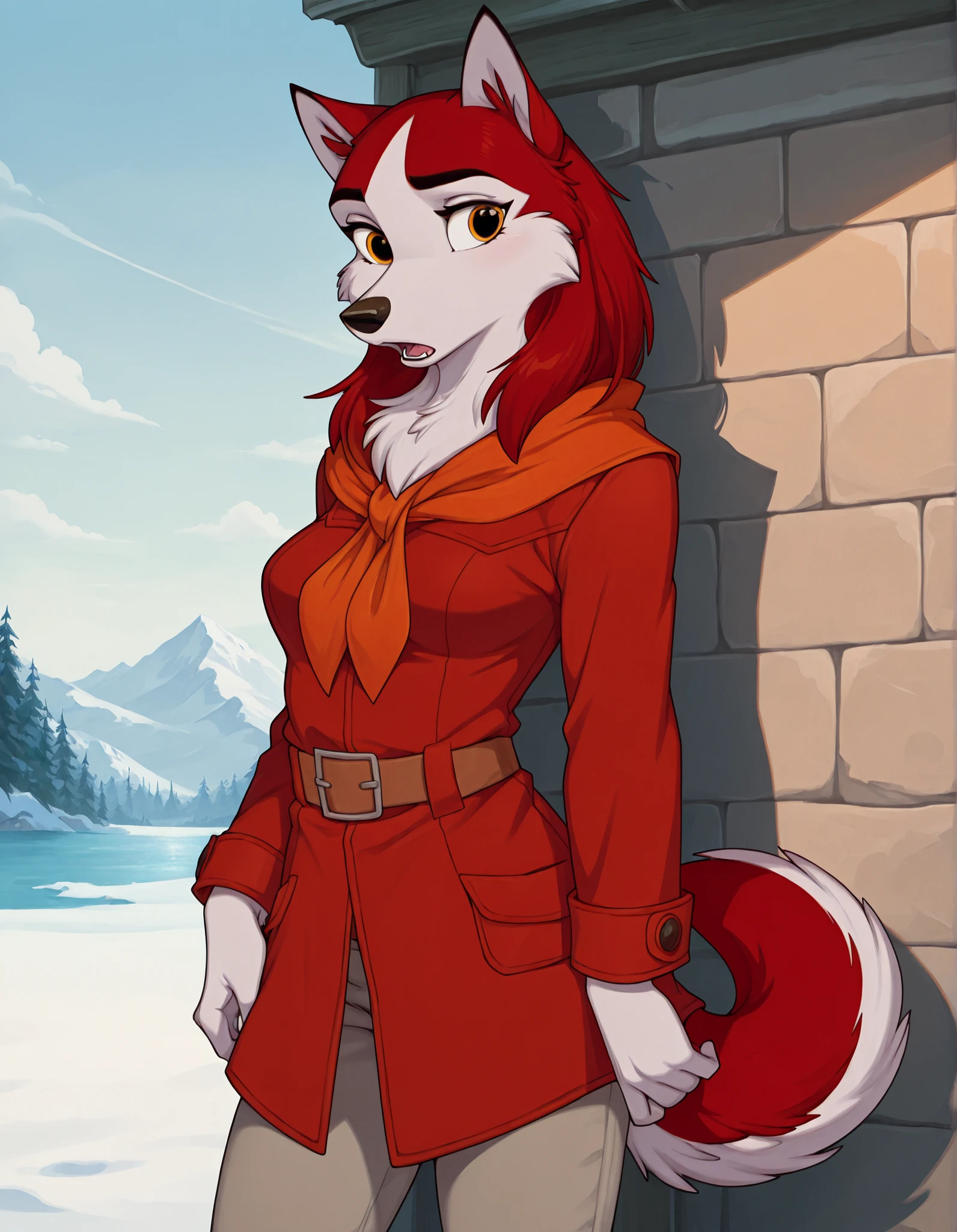 1girl, jenna\(balto\), solo, open mouth, amber eyes, neckerchief, two tone fur, red fur, looking at viewer, breasts, wearing, coat, pants, outside, furry female, anthro, tail, standing, furry, body fur, wolf, canine,