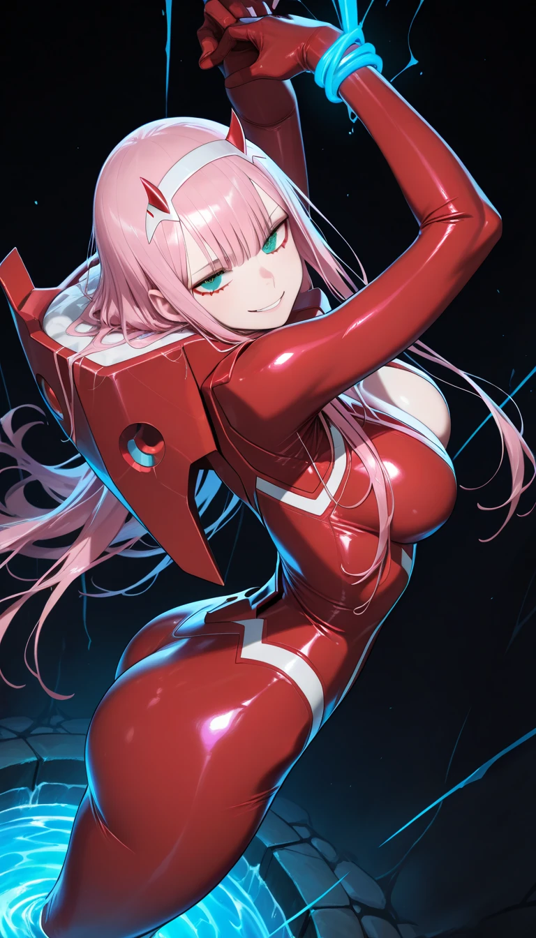(((full body)),zero two \(darling in franxx\), darling in franxx, 1girl, bangs, bite, blush, eyeshadow, green eyes, hair behind head, horns, long hair, makeup, pink hair, red eyeshadow, science fiction, tight skin, solo. (( front)) ,(((side))) (((back))) , thighs, small breasts