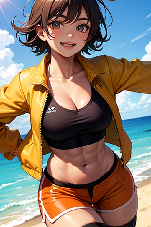 8K, (best quality, masterpiece:1.3), (detailed:1.2), 1girl, solo, ((26 year old, Filipino Woman, tanned bronze skin:1.02, short black hair:1.3, Detailed Amber eyes:1.03, (shiny skin), glossy lips, lipstick, Detailed face, medium breasts, narrow waist, wide hips, curvy (Wearing: Strapless Orange tube top, black leather pants, belt:1.2)), (midriff), (agile physique:1.1), (Character Focus),Perfect Anatomy, She's looking at the camera with an thrilled and joyful look on her face, (Smiling, open mouth, teeth),