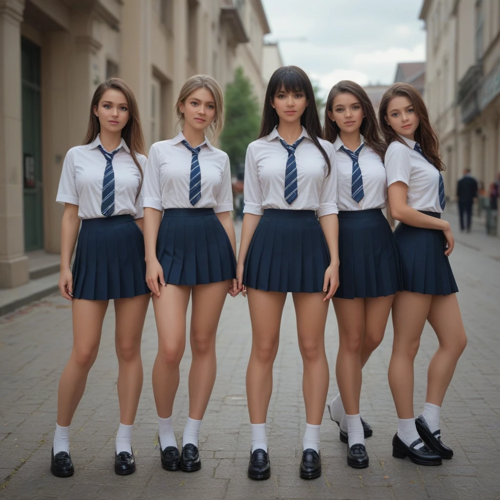 3 young girls about 18, European appearance, wet, school short skirts and transparent tops, nipples are visible through the tops, in the school hallway
