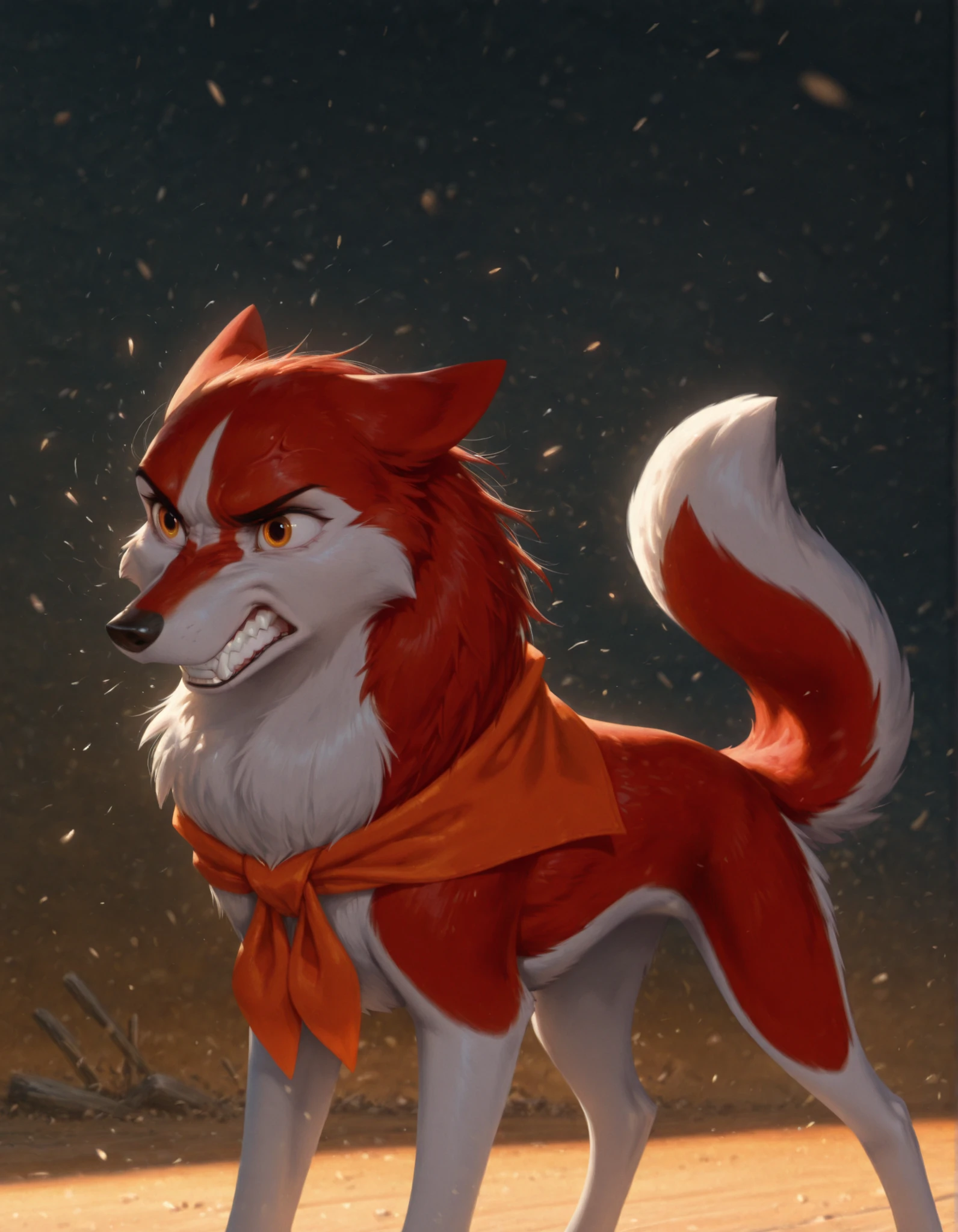 best quality, amazing quality, detailed, absurdres, photorealistic background, no lineart, very aesthetic, dynamic lighting, detailed face, detailed fur, detailed background,
canid, canine, mammal, angry, brown body, feral, fur, lowered tail, female, 1girl, jenna\(balto\), feral, two tone fur, red fur, canine, no humans, solo, amber eyes, neckerchief, simple background, solo, standing, teeth,