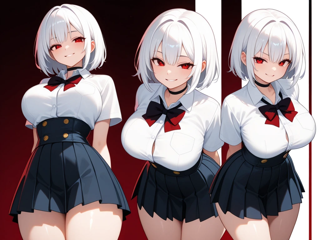 ((4 women, of different sizes,((bandages on the breasts, mini skirt, breasts of different sizes,((very large black and white hair, black and red eyes, hopeless face)),((standing, 1 arm behind from the back)),in a haunted forest, at night,