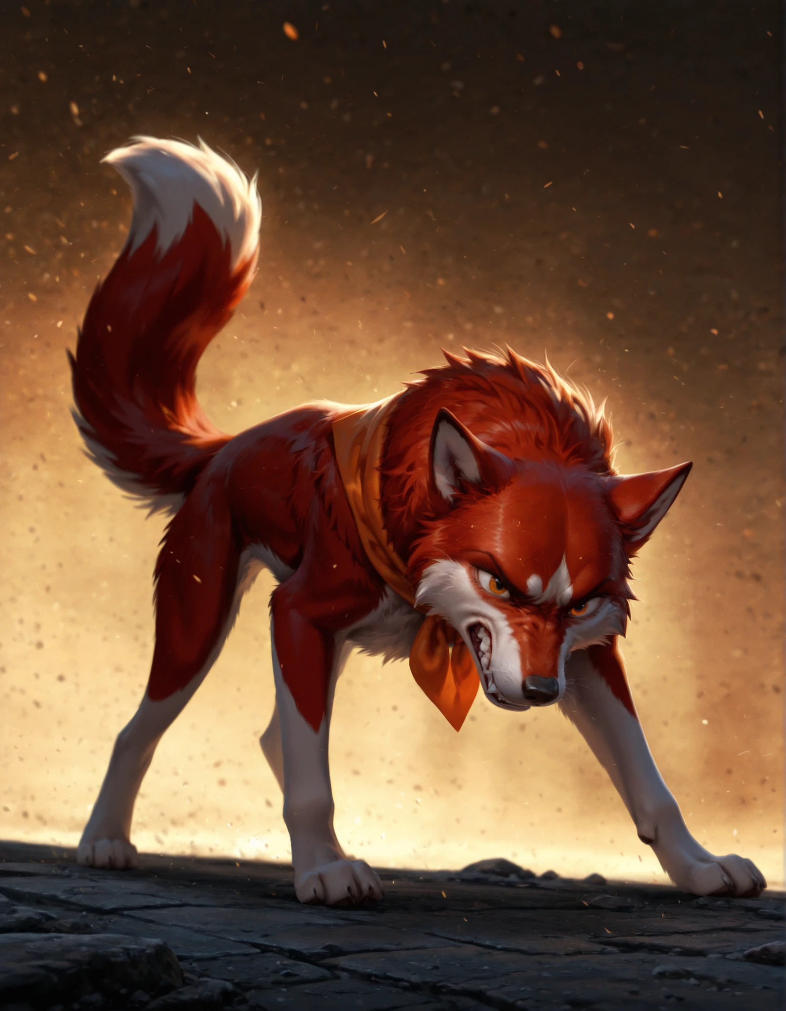 best quality, amazing quality, detailed, absurdres, photorealistic background, no lineart, very aesthetic, dynamic lighting, detailed face, detailed fur, detailed background,
canid, canine, mammal, angry, brown body, feral, fur, lowered tail, female, 1girl, jenna\(balto\), feral, two tone fur, red fur, canine, no humans, solo, amber eyes, neckerchief, simple background, solo, standing, teeth,