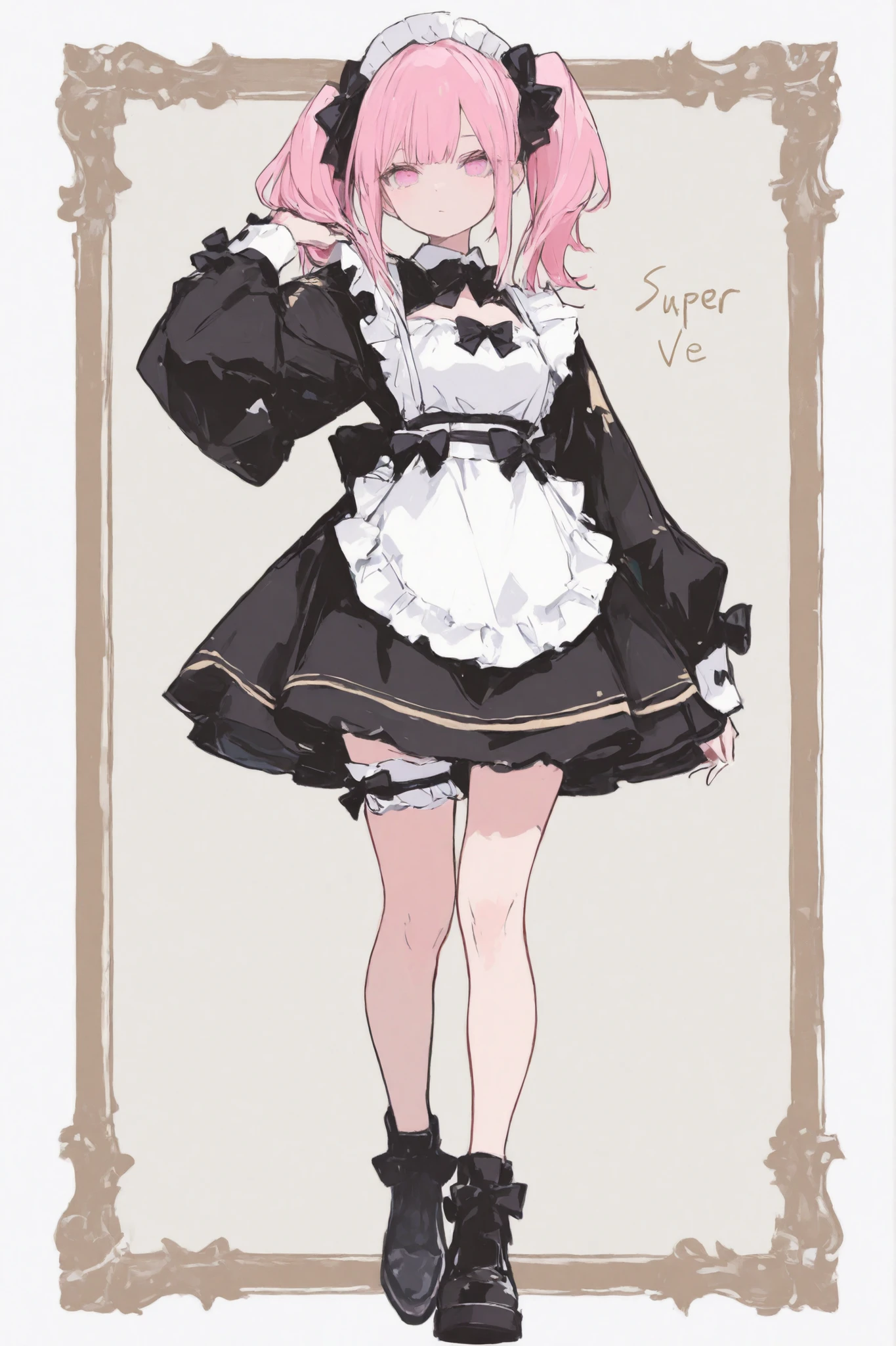 INCREDIBLY DETAILED, very high resolution, Ultra high resolution, Super Detailed, top quality, 1 girl、Human、pink hair、twin tails up to about shoulder、pink eyes、black bow、Maid Outfit、Full Body