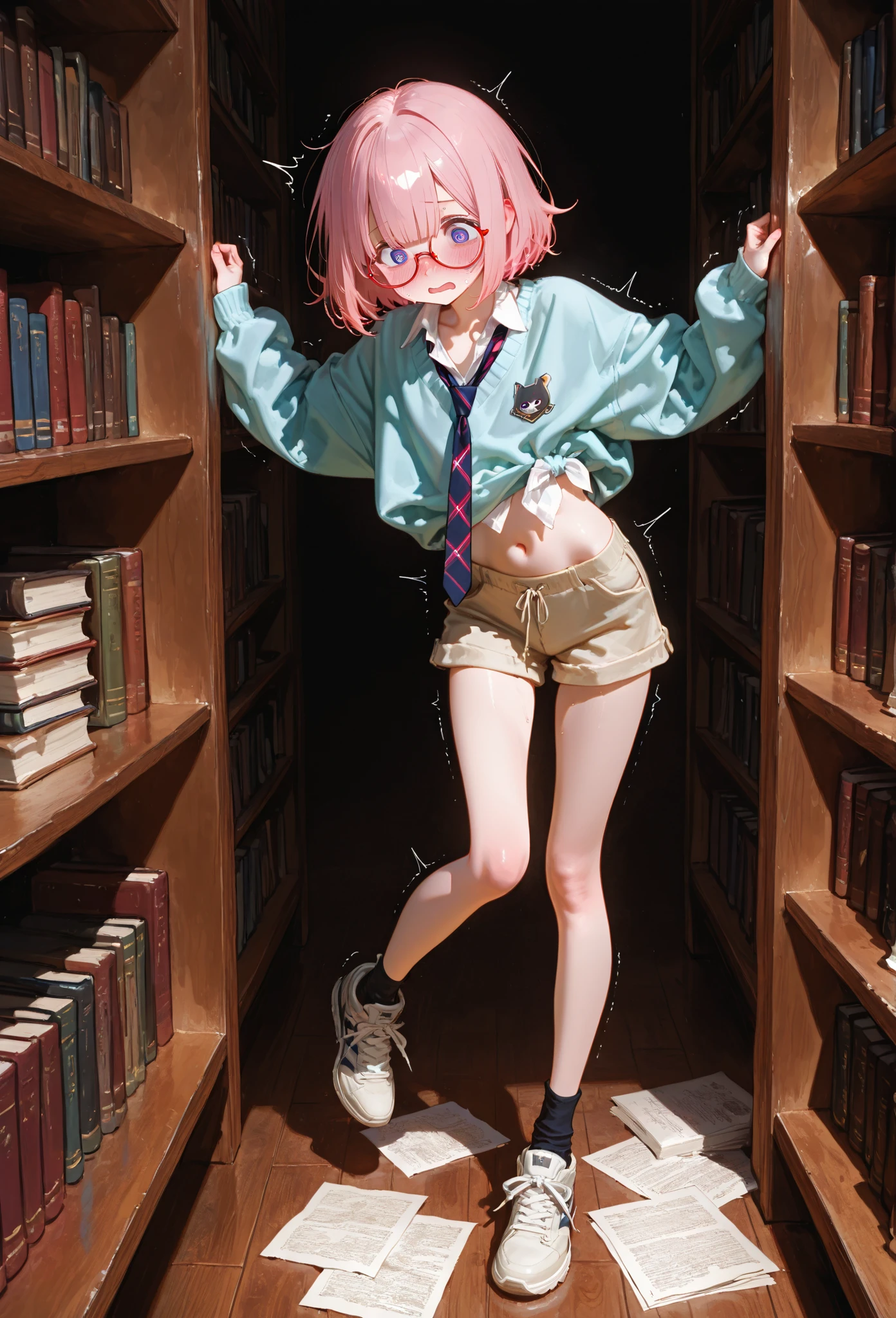 18 year old girl, short pink hair, big sad eyes, sweet smile, flat chest, choker collar, heavy bracelets, nude, naked, pubic hair, standing, open door, open window, bookstore, books, evening, nighttime, dramatic lighting, cinematic lighting, masterpiece, best quality