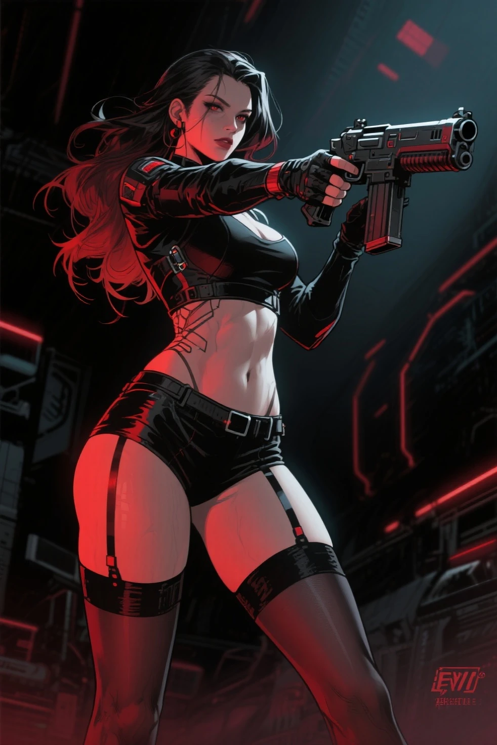 a woman with short black hair, hair on shoulders, wearing a black cropped and plaid skirt, blue eyes, zombie art, gothic art, cute aesthetic with vibe, toon aesthetic, wearing red costume, wearing gothic accessories, look like Cassie Hack, whole body, holding a skull in his hand, zombie background
