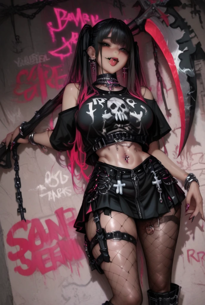 black hair, long hair, blunt bangs, studded choker, heavily tattooed, leather jacket, torn clothes, medium breasts, embarrassed, spiked bracelet, chain necklace, black crop top, dark skin, mature female, ((NSFW)), hand between legs, fingering, masturbation, female masturbation, black lipstick, black eyeshadow, breast rings, ass tattoo,