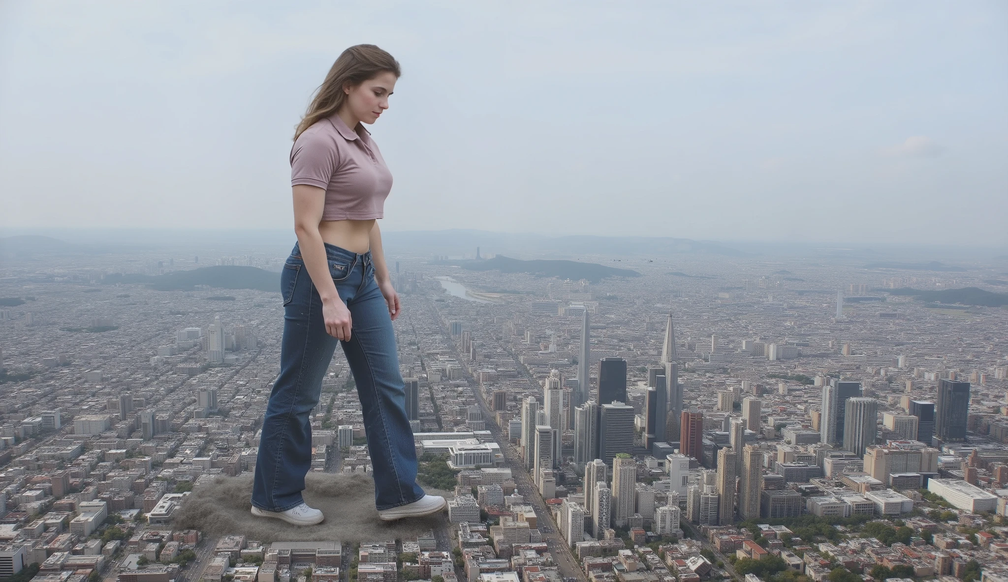 21 years old athletic girl, dressed in short sleeve crop polo top and long blue jeans and athletic shoes, masterpiece, best quality, 4K, 8K, long hair, she walks over city, giantess, GTS, view from side of her, crushing building under her shoes, destruction, she is 999999 meters tall, giga giantess, crushing buildings, bending over grabbing skyscrapers in hand crushing them in her grip