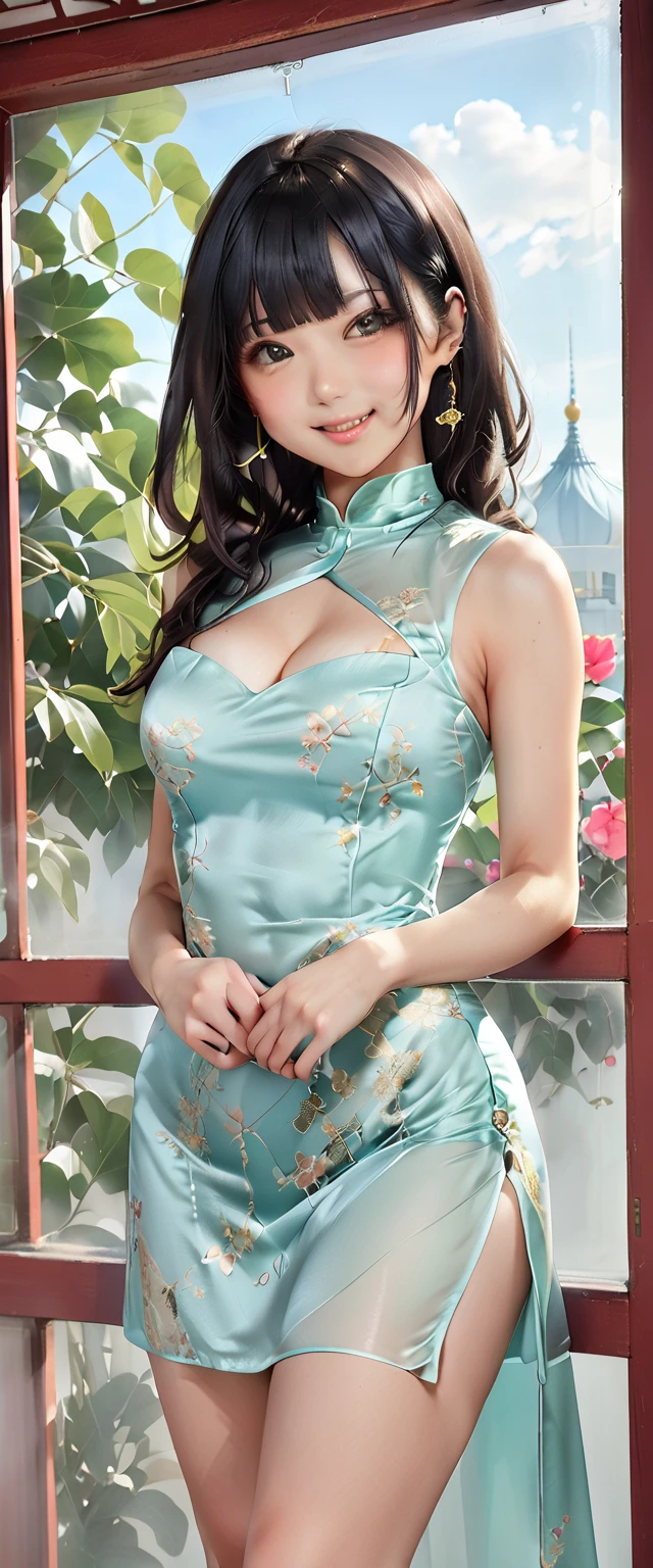(RAW Photos:1.2), (Realistic:1.4), Beautiful detailed girl, Very detailed eyes and face, Beautiful details, Ridiculous, incredibly Ridiculous, Large file size, Very detailed, High resolution, Very detailed, highest quality, masterpiece, kemomimi, ((Japanese Girls)),、 shape, Very detailed, CG, Unified, 8k wallpaper, wonderful, Fine details, masterpiece, highest quality, Very detailed CG uniform 8k wallpaper, Light on the face, Cinema Lighting,( One Girl),Feeling Face、(Big Ass:1.3)、(Knee to upper body)、((Green and light blue floral Chinese dress:1.7))、((No sleeve))(Ample breasts:1.4)、((I can see her cleavage:1.2))28 years old、very,Single Blade、shiny light brown hair、Looking into the camera、 Sit cross-legged on a park bench, (Big smile 1:4):((Knee to upper body)), ((Panties are slightly visible:1.4)),