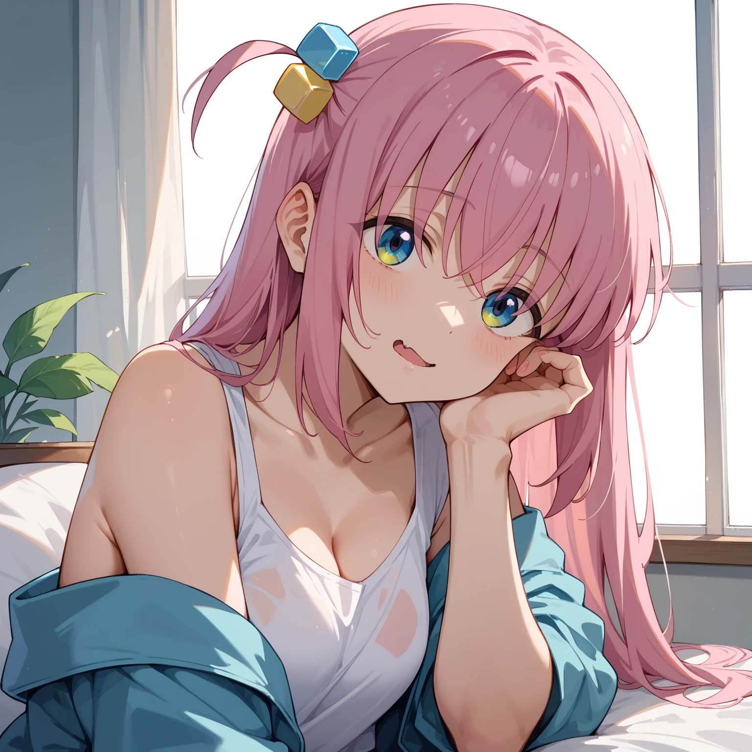 Tank top, shorts, 165 tall, wearing over-the-knee socks, on the pure white sheets in the bedroom, pillows, a confused expression, just woke up and rubbed her eyes, There is also saliva at the corner of the mouth, bangs, double bun, pink hair, hairclip, hair ribbon, mole under eye, heart-shaped pupils, aqua eyes, cat ears, saliva, mouth hold, tongue out, oral invitation, Surrealism, anime, Verism, chiaroscuro, cinematic lighting, god rays, backlighting, three sided view, framed, lens flare, Wide-Angle, highres, UHD, retina, masterpiece, ccurate, anatomically correct, textured skin, super detail, high details, high quality, award winning, best quality, 1080P, HD, 16k --auto --s2