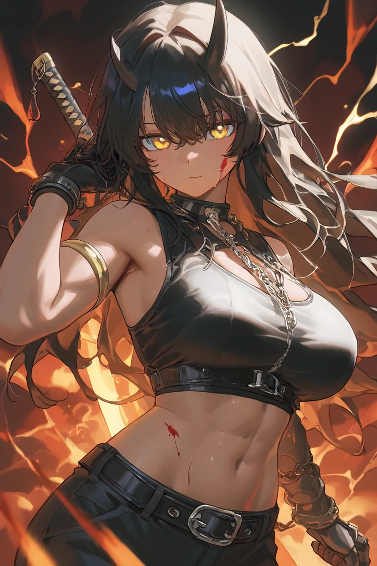 Gnoll woman, woman, Abs, yellow eyes, black fur, spike collar, Gnoll woman, big , big tighs, smile, 4k, hd, pretty face, messy hair, menacing, acurrate eyes, sharp pupils, big smile, wild, scary look, holding an axe, Axe, with hair with Rastafarian braid, (human head)