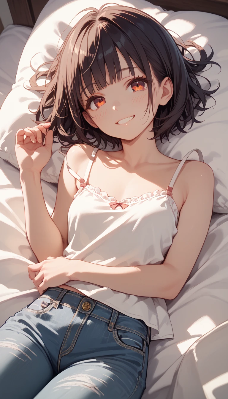 Sexy thin anime girl with black curly short hair laying down in a bed wearing very tight ansd small white t-shirt and a very tight red short with big thighs and big nipples